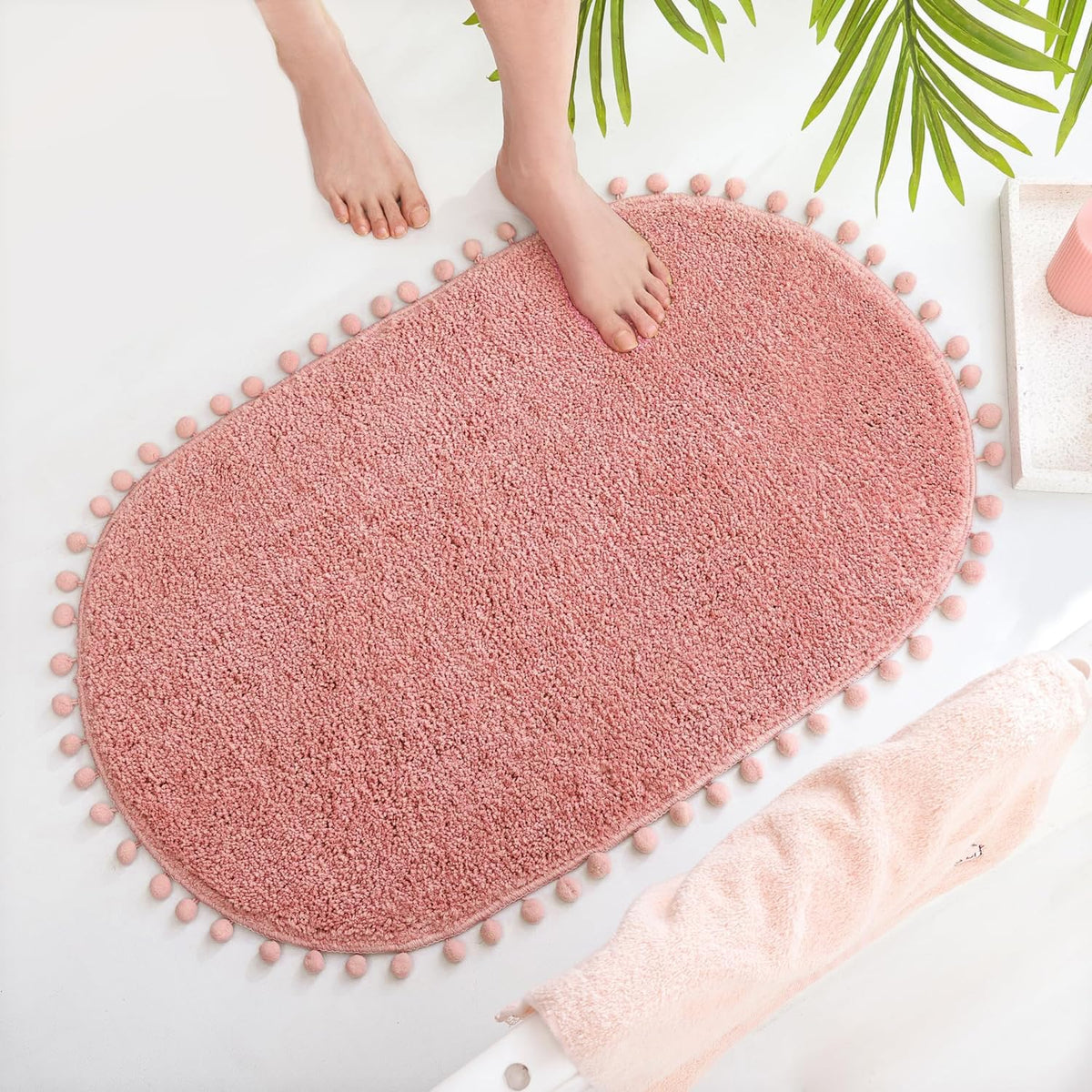 Yirddeo Oval Bathroom Rugs Dusty Pink Rug With Pom Bath Mat For Bedroom Non Slip Cute Boho Absorbent Mats Soft Plush Washable Ru