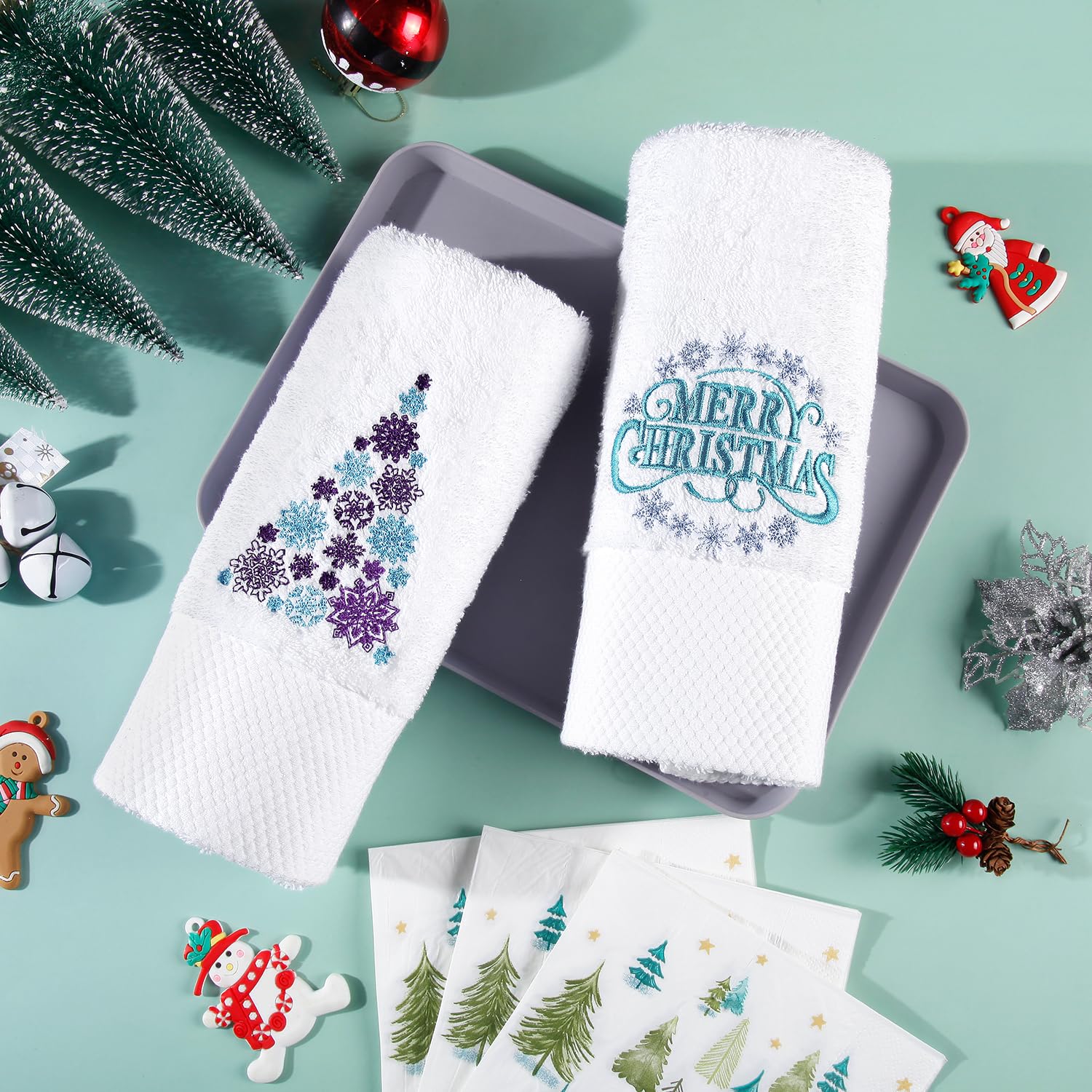 Quera 2 Pack Christmas Hand Towels Cotton Embroidered Premium Luxury Decor Bathroom Decorative Dish Towels Set For Drying, Cooki