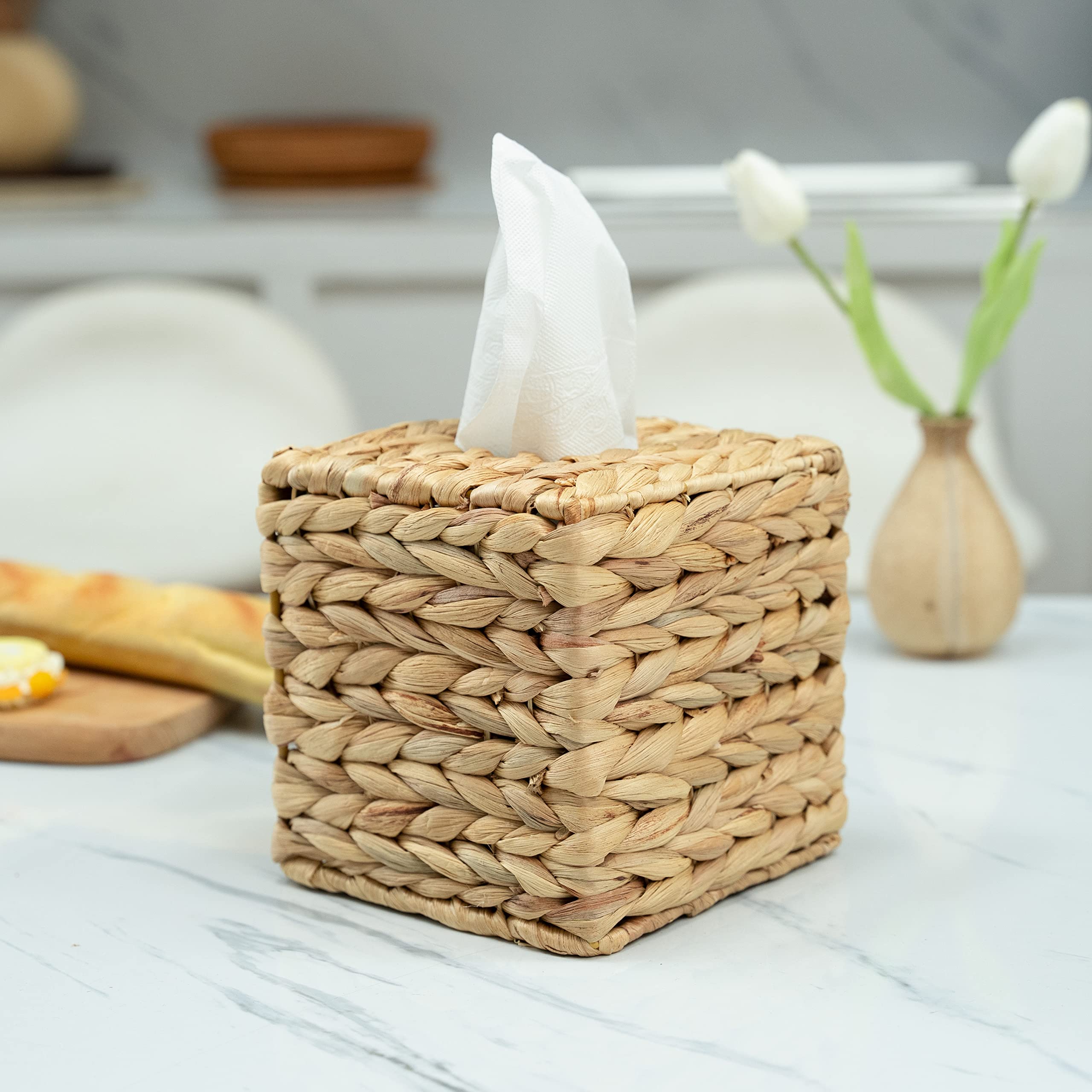 Kolwoven Square Tissue Box Cover- 5.7'' X 5.7'' X 5''- Decorative Woven Facial Tissue Holder With Hinged Top Lid- Facial Box For