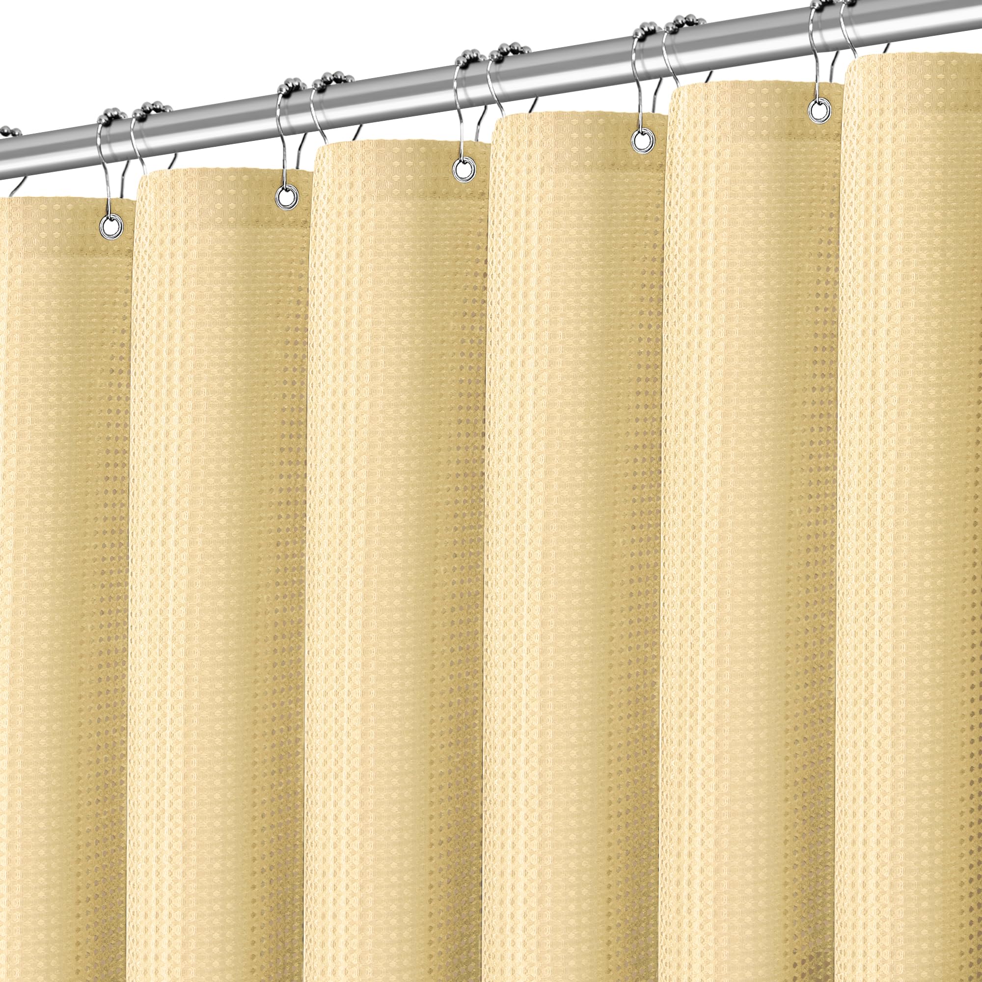 Neutral Fabric Shower Curtain For Bathroom Stall, 60 Inche Waffle Weave Shower Curtain Beige, Machine Washable Waterproof 256Gsm