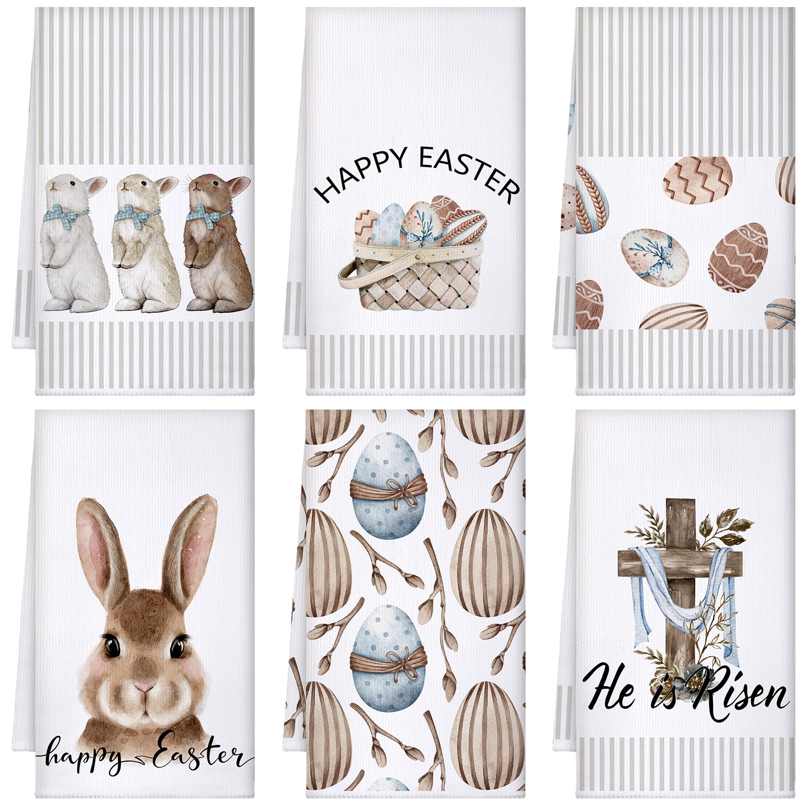 Geyoga 6 Pcs Easter Kitchen Towels Bunny Rabbit Hand Dish Towels Farmhouse Religious Easter Egg Flowers Funny Tea Washcloths for