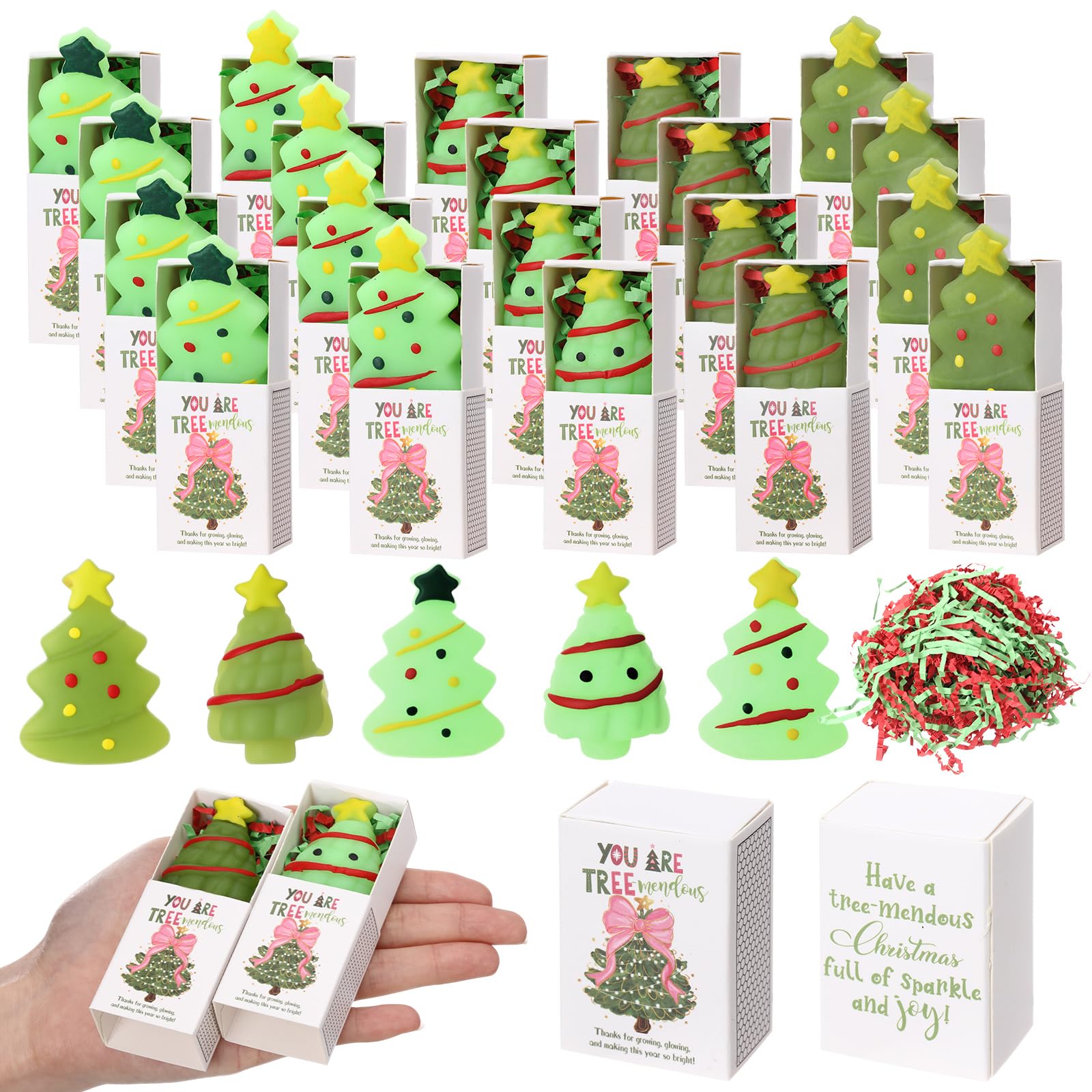 Wettarn 20 Sets Christmas Appreciation Gifts Tree Stress Balls with Support Gift Boxes Bulk Christmas Party Favors for Employee 