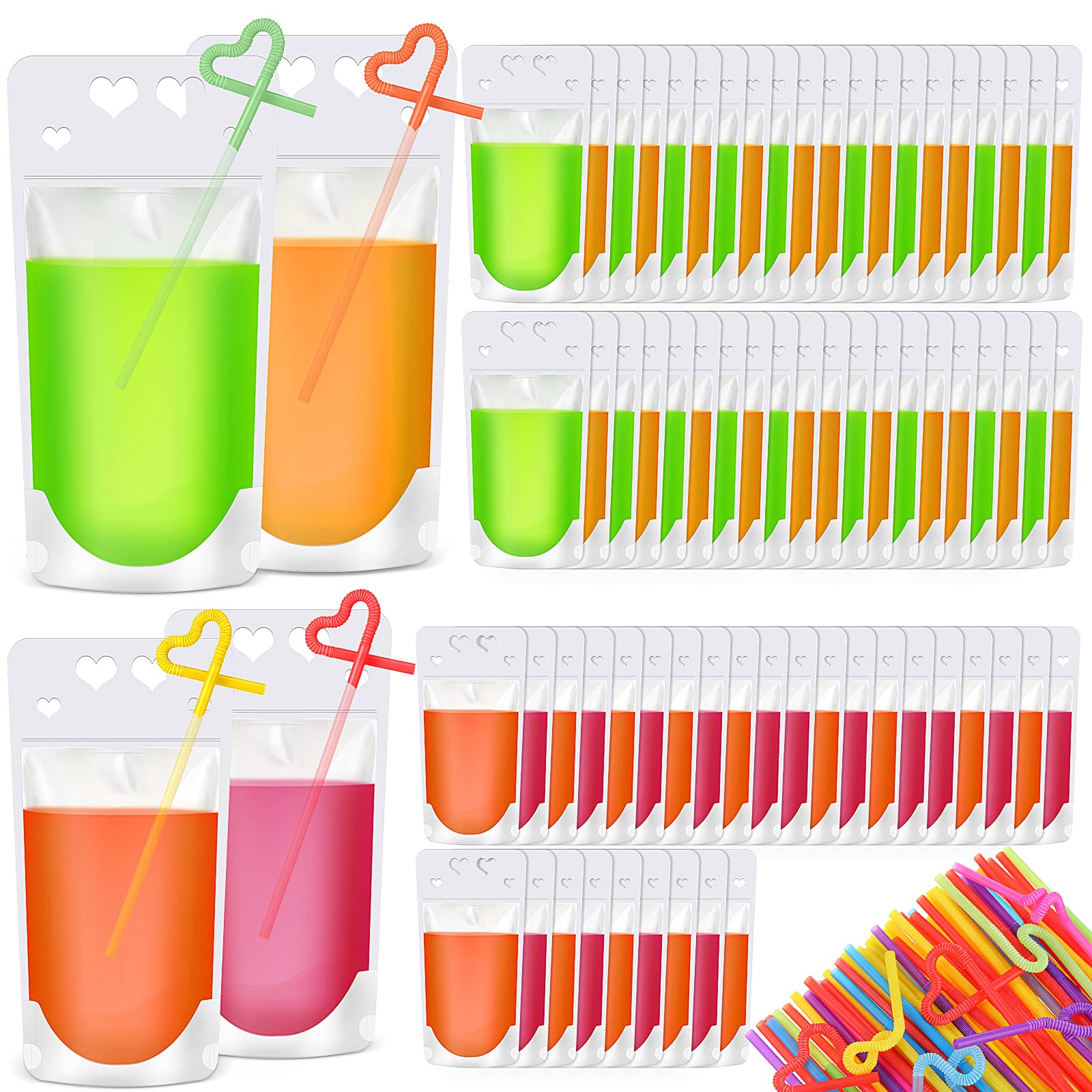 200PCS Drink Pouches for Adults with Straws Reclosable Stand up Juice Pouches Heavy Duty Hand-held Translucent Reclosable Plasti