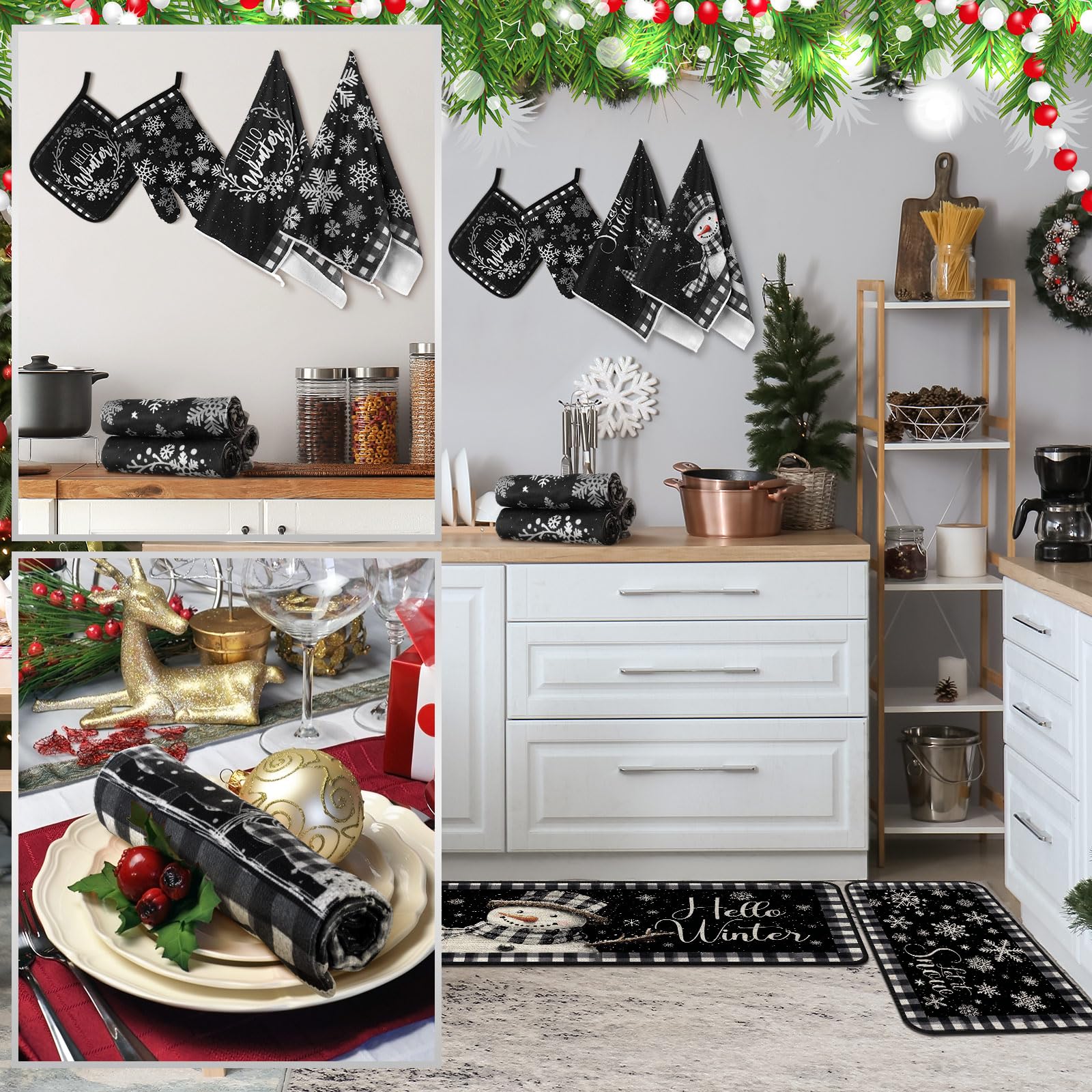 Fanfanwin 10 Pcs Winter Oven Mitts Pot Holders Kitchen Rug and Towel Set Absorbent Towels for Baking Cooking BBQ Gifts Kitchen D