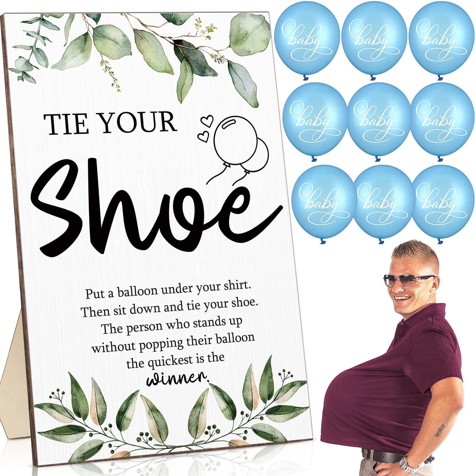 51 Pcs Tie Your Shoe Baby Shower Game Sign Wooden Baby Shower Sign Greenery Baby Gift Sets Gender Reveal Party Favors 50 Balloon
