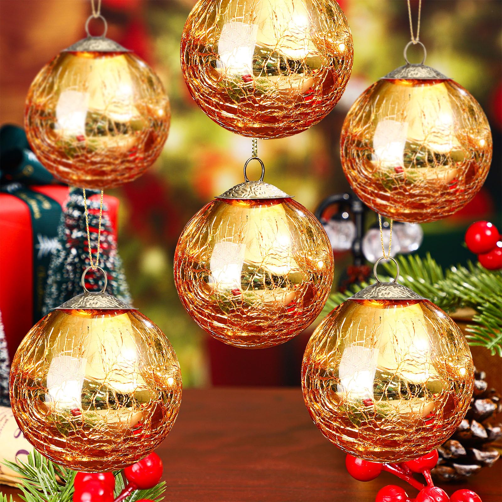 Hungdao 6 Pieces Mini Glass Christmas Ball Ornaments for Christmas Tree Vintage Crackle Glass Ball Decorative Hanging Glitter Or