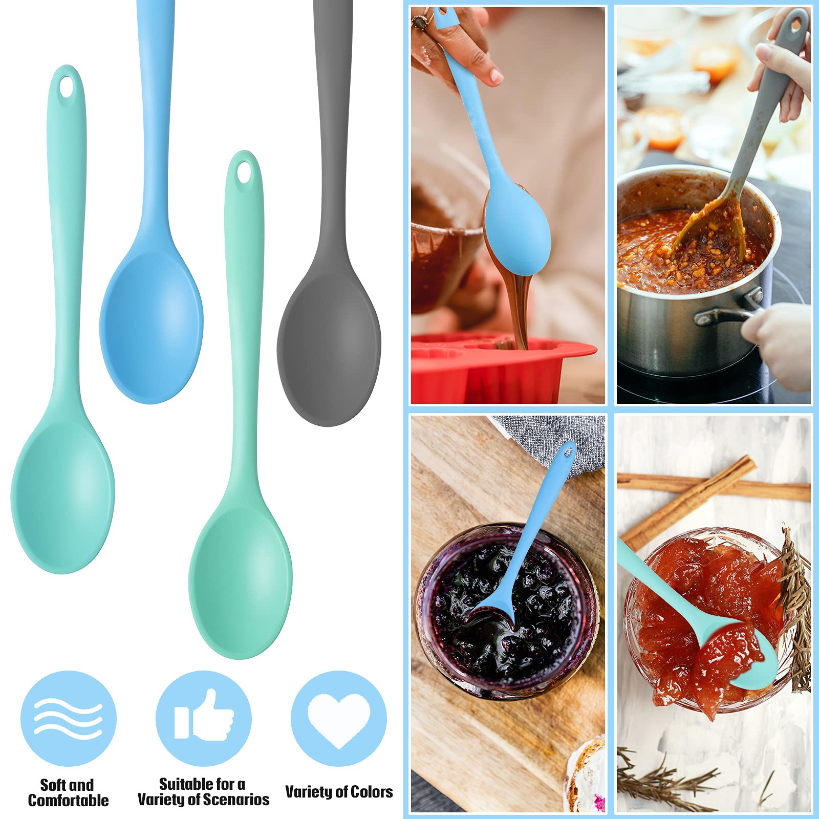 4 Pcs Silicone Mixing Spoons Nonstick Heat Resistant Silicone Utensil Spoons Silicone Basting Cooking Spoons Multicolor Serving