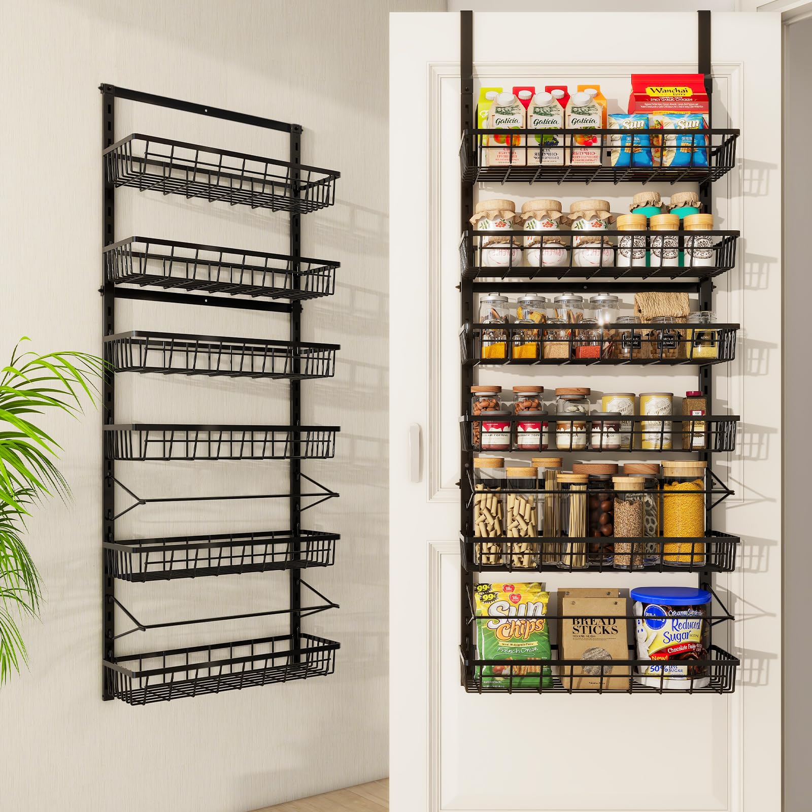 Mefirt Over The Door Pantry Organizer, Pantry Hanging Storage and Organization, 6 Adjustable Baskets Heavy-Duty Metal Wall Mount
