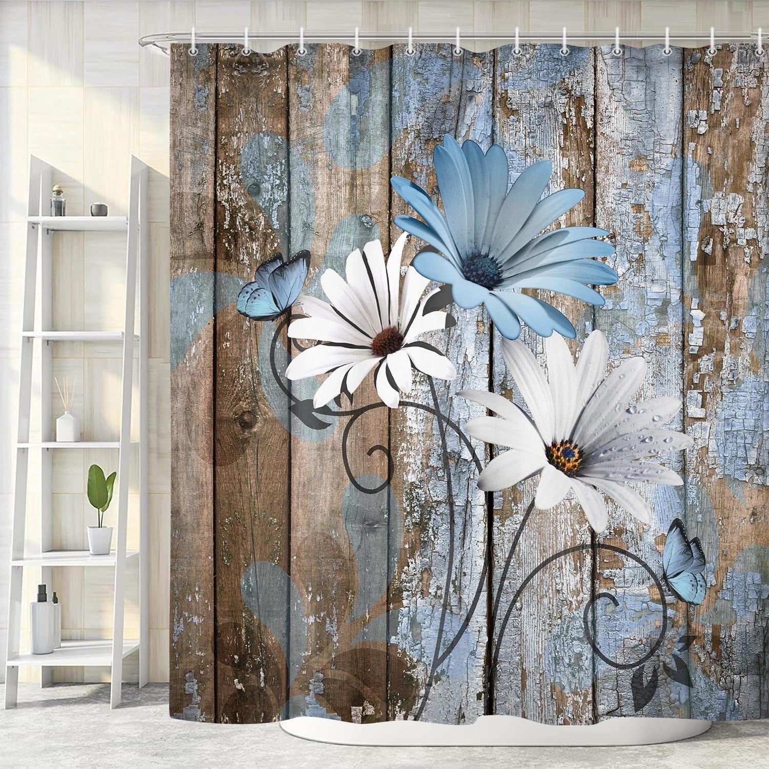Jawo Farmhouse Flower Floral Shower Curtain, Rustic Blue Daisy Shower Curtain Set, Country Blue Wild Garden Plant Fabric Shower