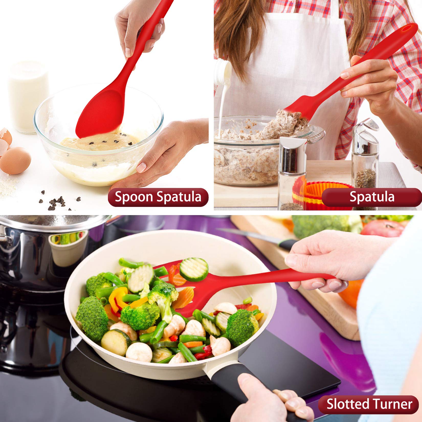 Kitchen Utensil Set Of 7, P&P Chef Silicone Cooking Utensils, Red Kitchen Tools Spatula Set For Nonstick Cookware Cooking Servin