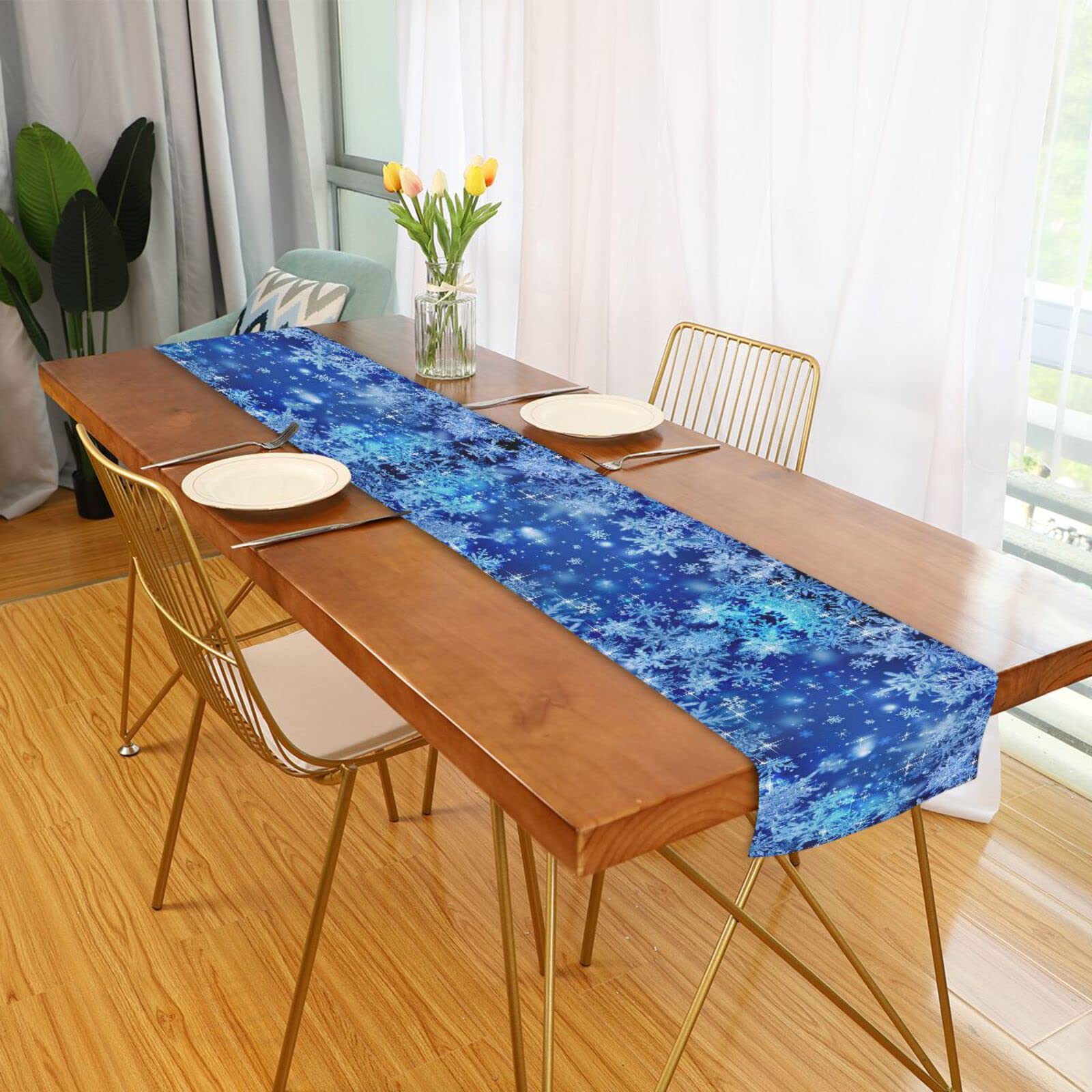 Alaza Blue Winter Christmas Glitter Snowflakes Table Runner For Kitchen Dining 13 X 70 Inches Long Table Runners Cloth Placemat