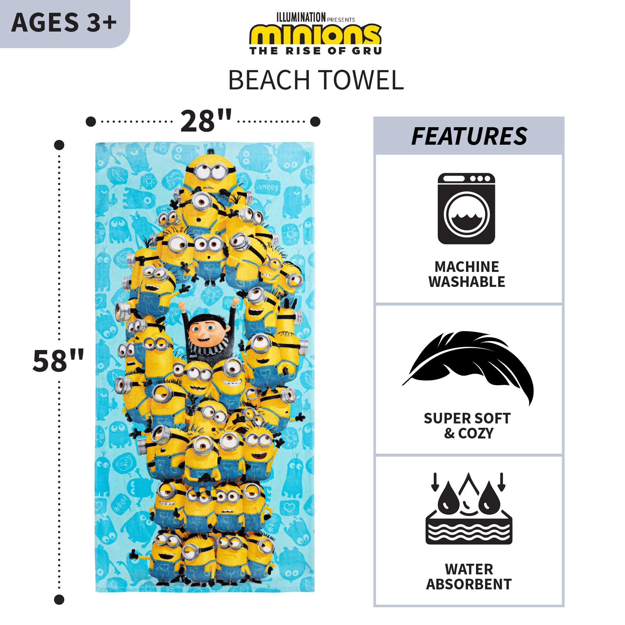 Franco Kids Super Soft Cotton Bath/Pool/Beach Towel  58 in x 28 in  Minions The Rise Of Gru