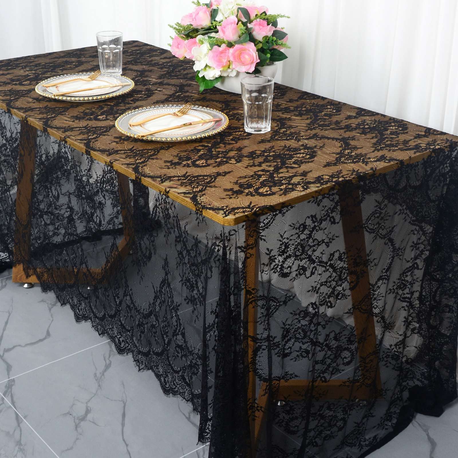 Vintage-Lace-Tablecloth 60X120-Inch 1 Pack Black Lace Rectangle Tablecloth Lace Boho Print Tablecloth Lace Overlay Tablecloth La