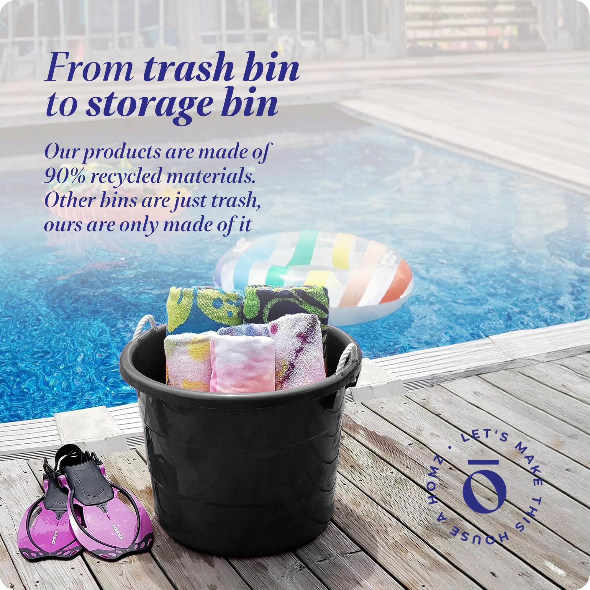 Homz Multi Purpose 17 Gallon Plastic Open Top Storage Round Utility Tub with Rope Handles for Indoor or Outdoor Home Organization  Black (2 Pack)