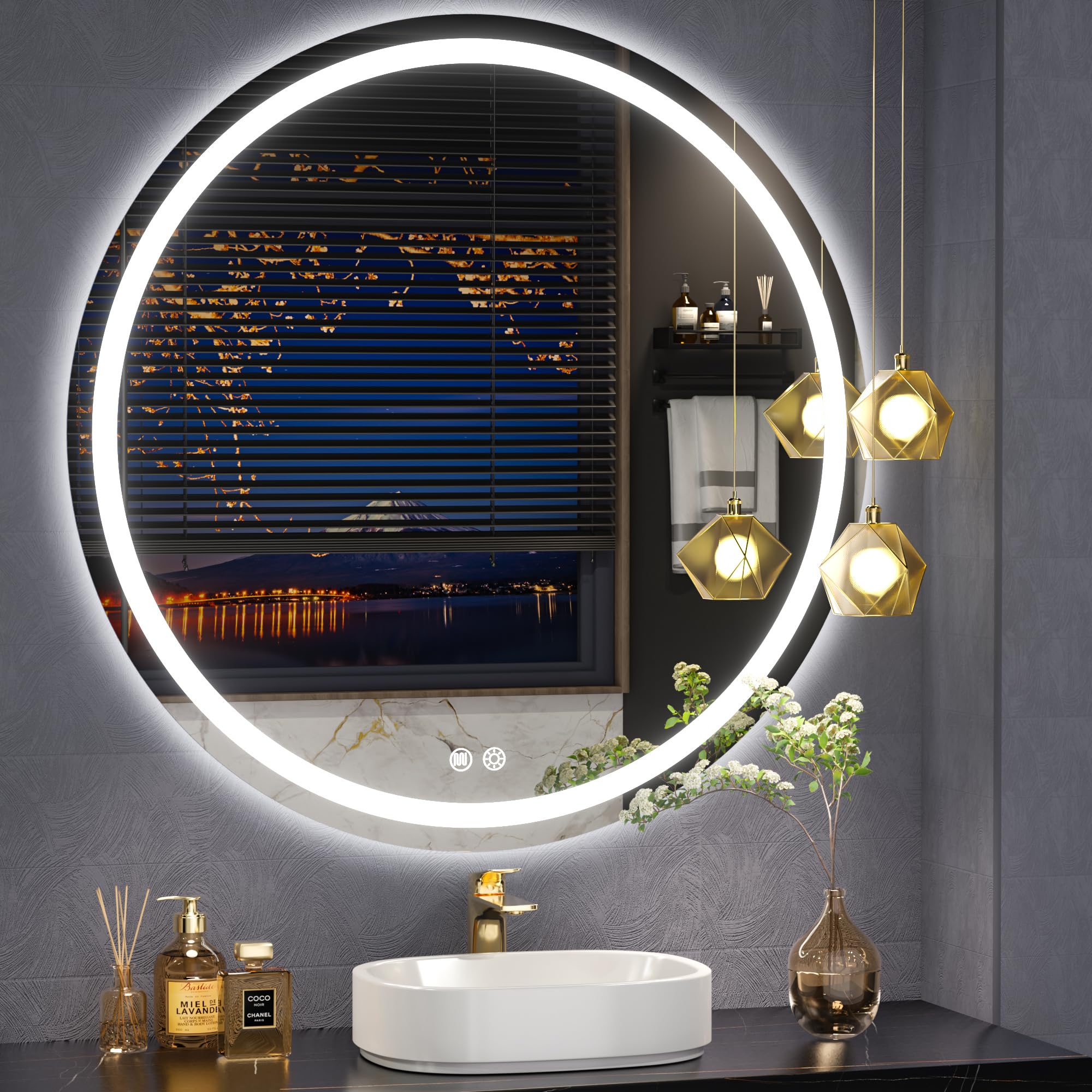 Vosuja 36X36Inch Rounded Led Bathroom Mirror, 3 Colors Lighted & Stepless Dimmable Vanity-Mirror-With-Lights, Anti-Fog, Frameles