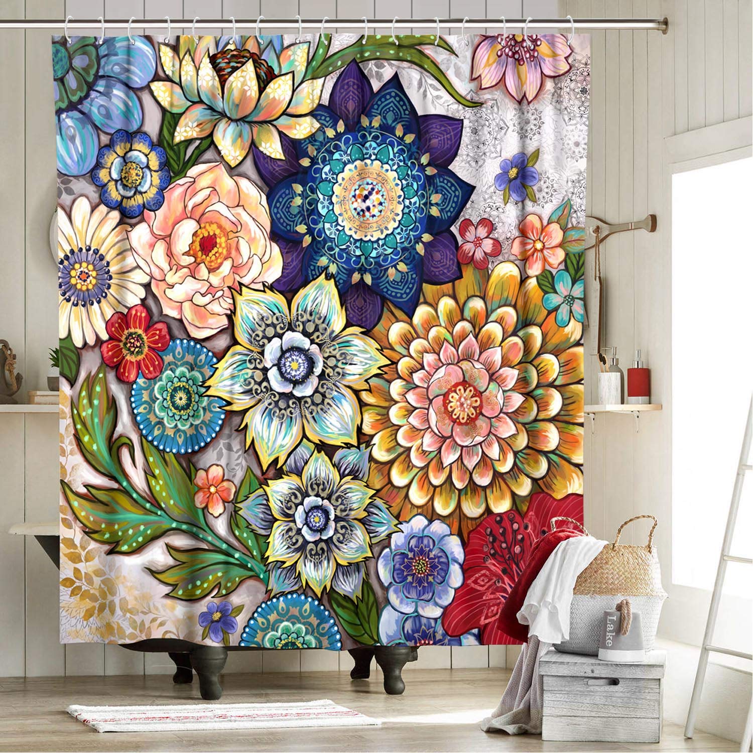 Neasow Boho Floral Shower Curtains For Bathroom, Bright Fabric Blossom Shower Curtain With 12 Hooks, Multi Color 72''  72''