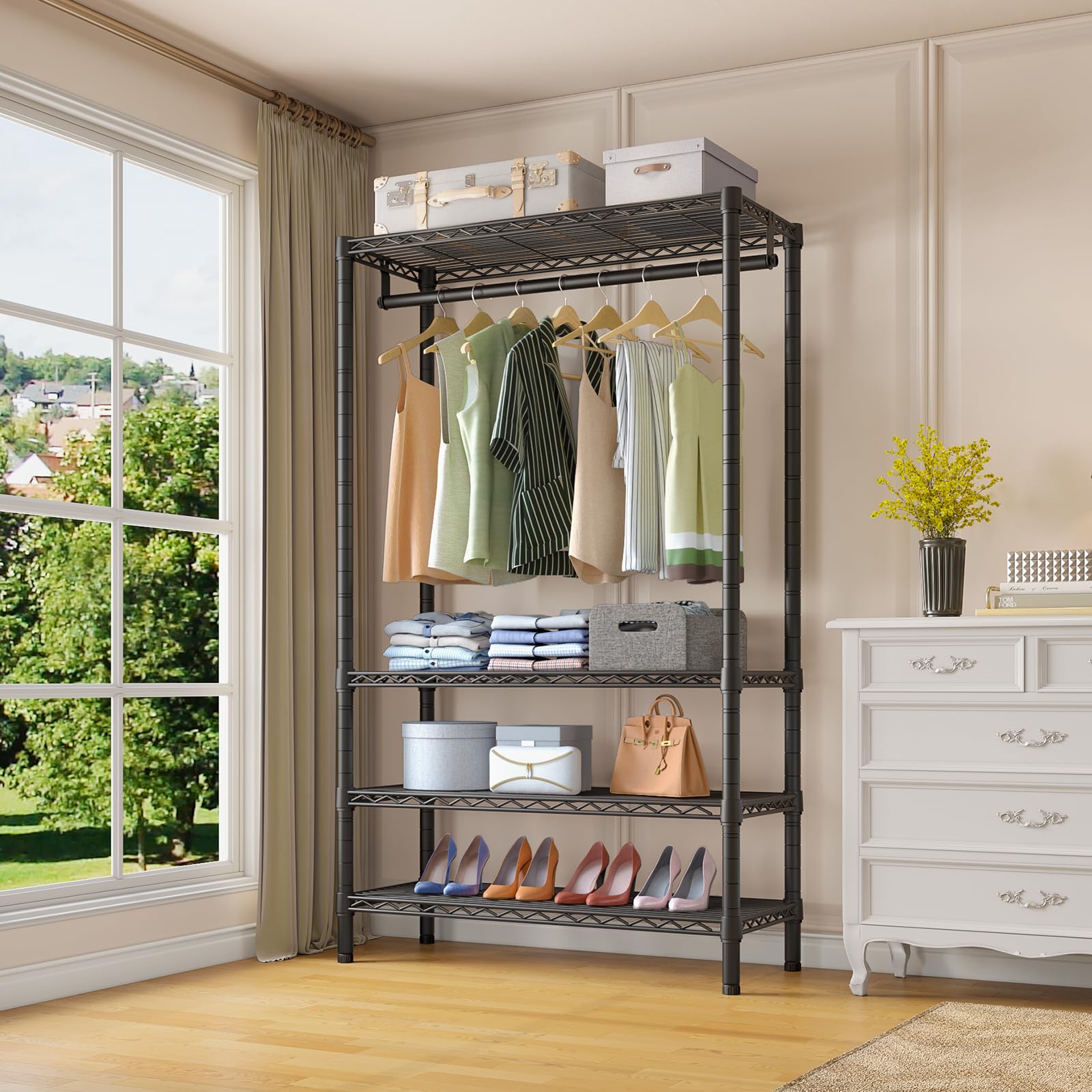 VIPEK V1S Wire Garment Rack 4 Tiers Heavy Duty Clothes Rack for Hanging Clothes Large Clothing Rack Freestanding Closet with Hanging Rod  35.4 ' ' L X 15.7 ' ' W X 70.9 ' ' H  Max Load 500LBS  Black