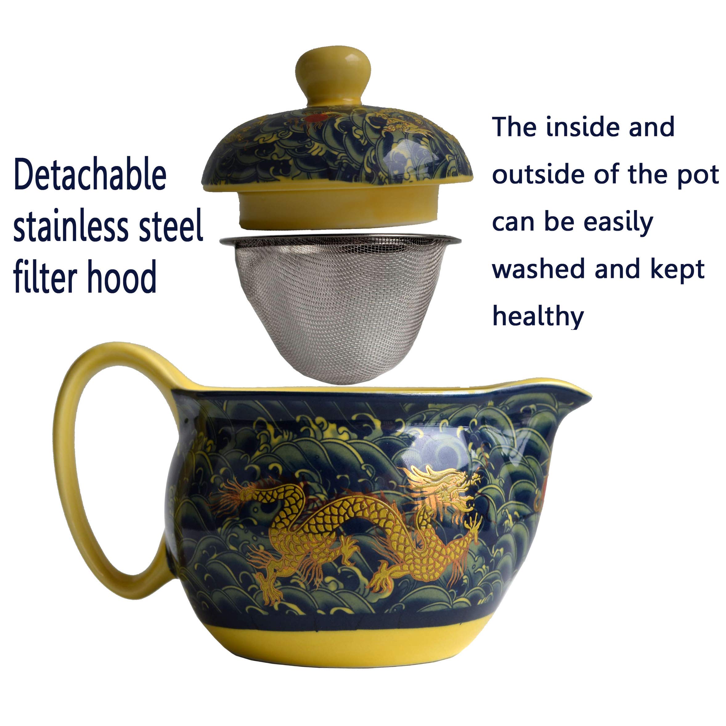 Porcelain Teapot 12Oz Chinese Dargon Waves Pattern Stainless Mash Infuser For Loose Tea (Deep Waves Dargon)