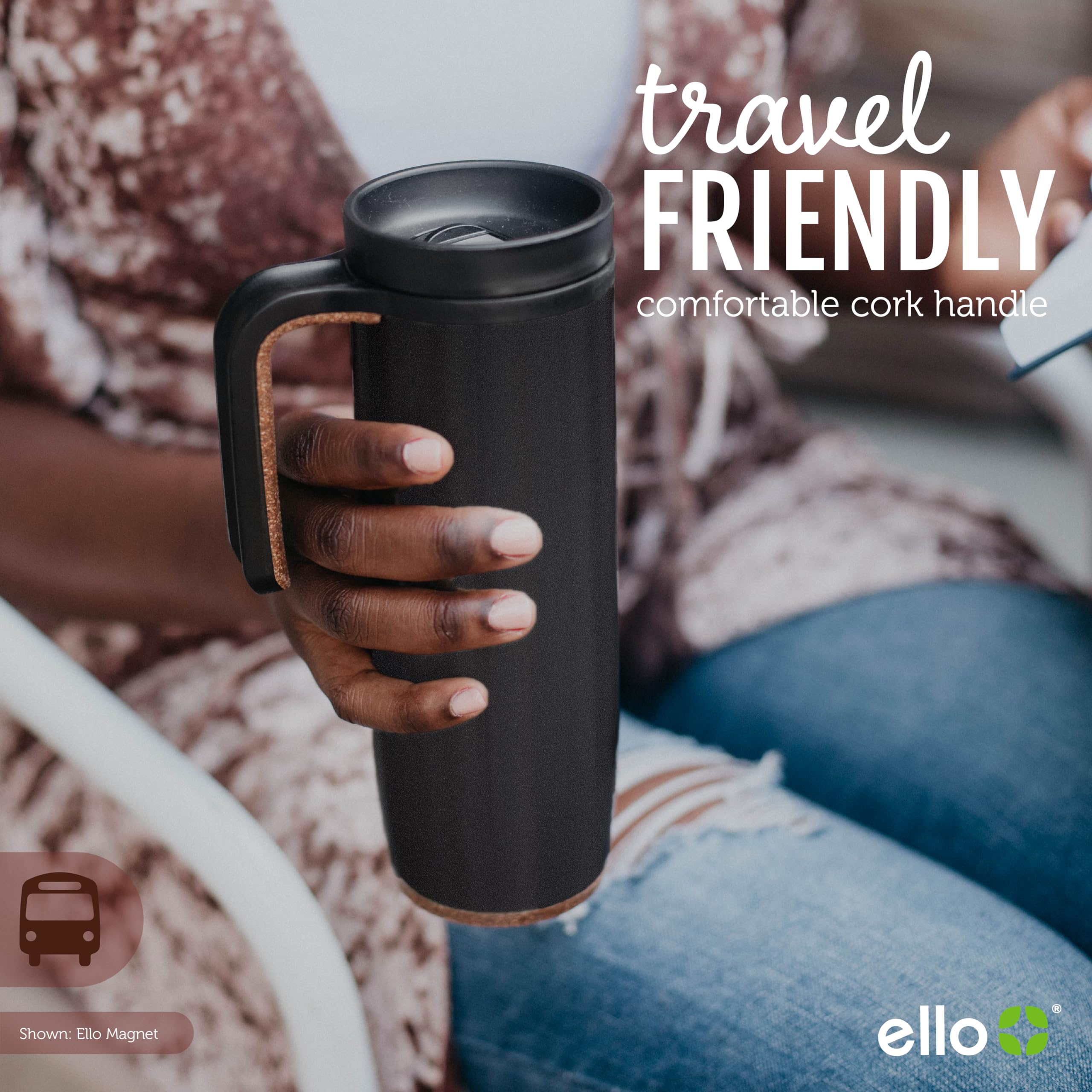 Ello Magnet 18Oz Vacuum Insulated Stainless Steel Travel Mug With Side Handle And Leak-Proof Slider Lid And Built-In Coaster, Ke