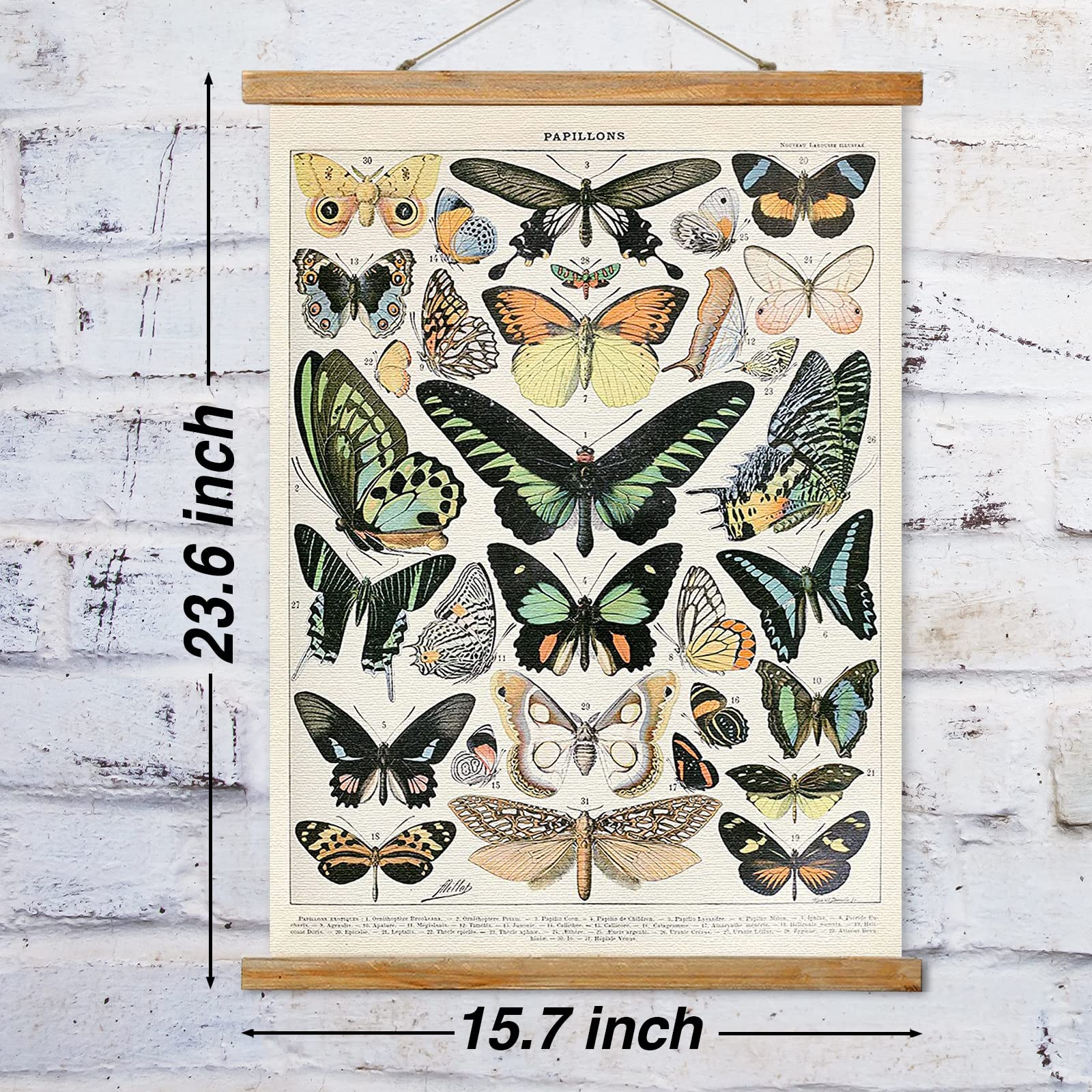 Ovfovy Vintage Butterfly Poster Hanger Frame, Retro Style Of Wall Art Prints, Printed On Linen With Natural Wooden Frames, Illus