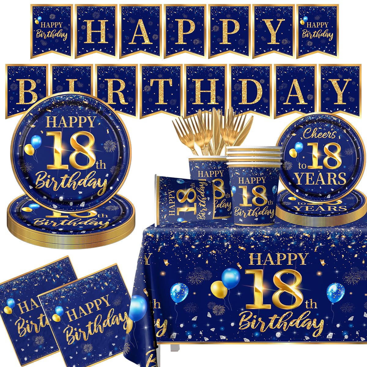 18Th Birthday Decoration Men-142Pcs Navy Blue And Gold Birthday Tableware Set(Serve For 20) Include Happy 18Th Birthday Banner P