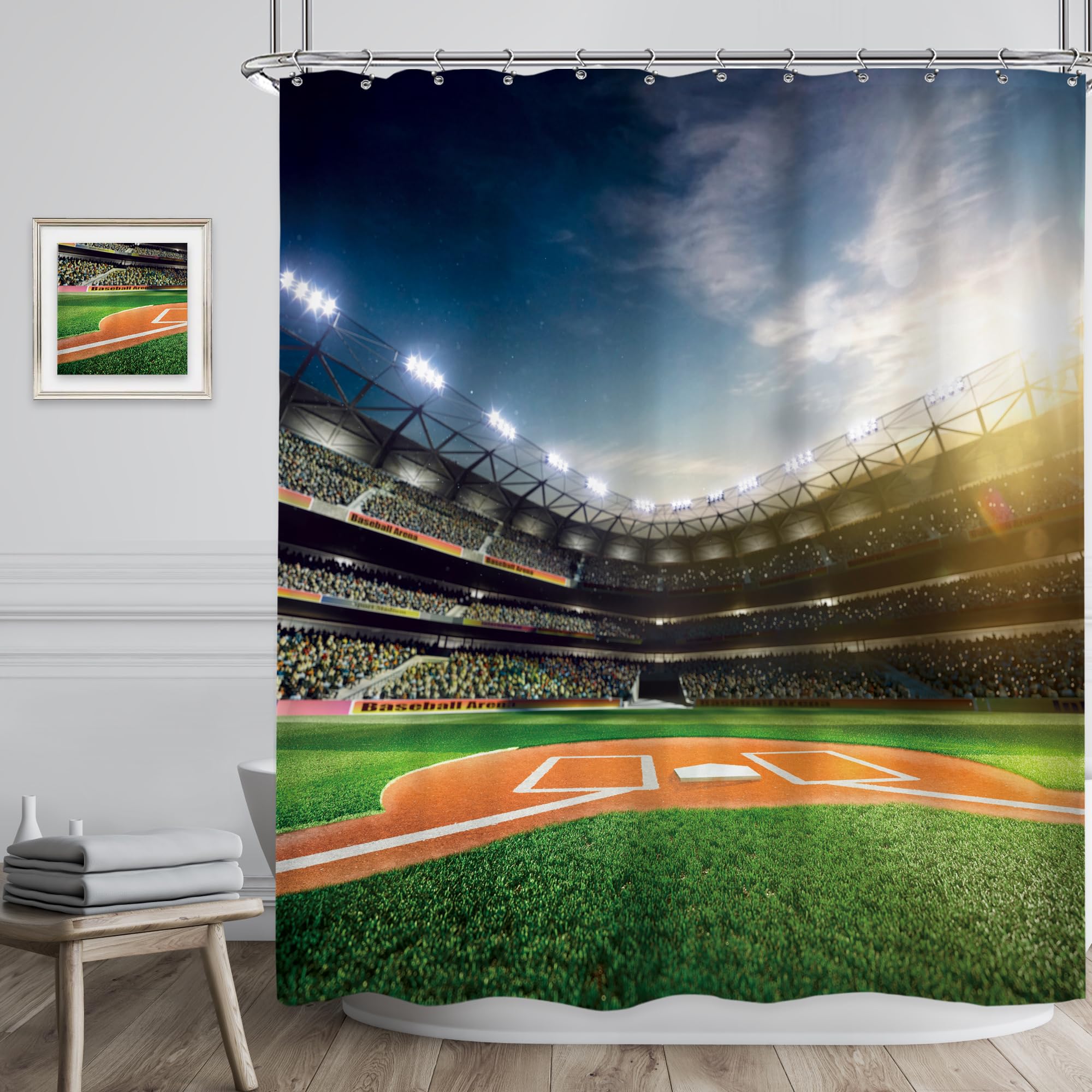 Riyidecor Baseball Field Shower Curtain 60Wx72H Inch Professional Sports Grand Green Arena Playground For Teen Boys Man Fans Bat
