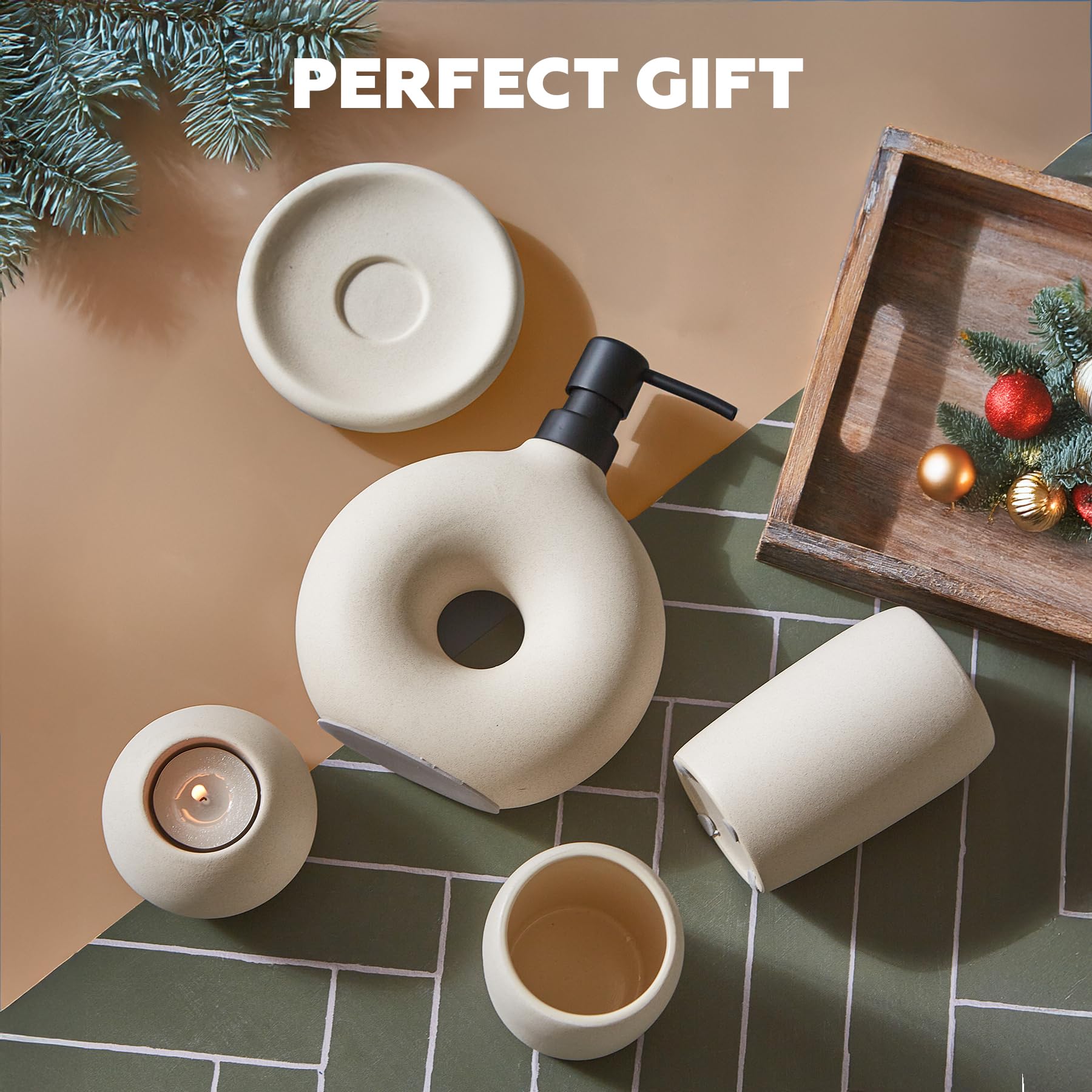 Terramoza Ceramic Bathroom Accessory Set, 5 Pcs - Includes Soap Dispenser, Toothbrush Cup, Toothbrush Holder, Soap Dish & Candle