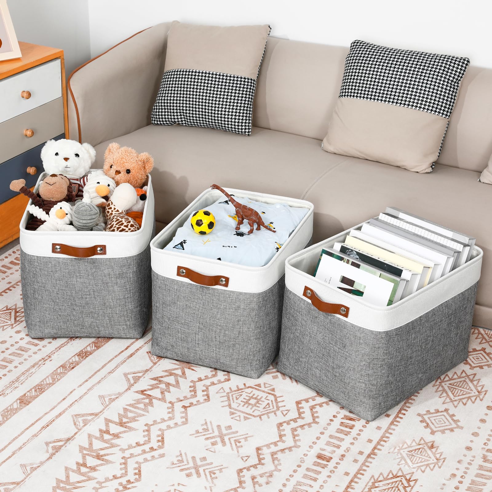Dullemelo Large Storage Baskets, Fabric Storage Basket With Leather Handles For Shelves Closet Nursery Toy Storage, Collapsible