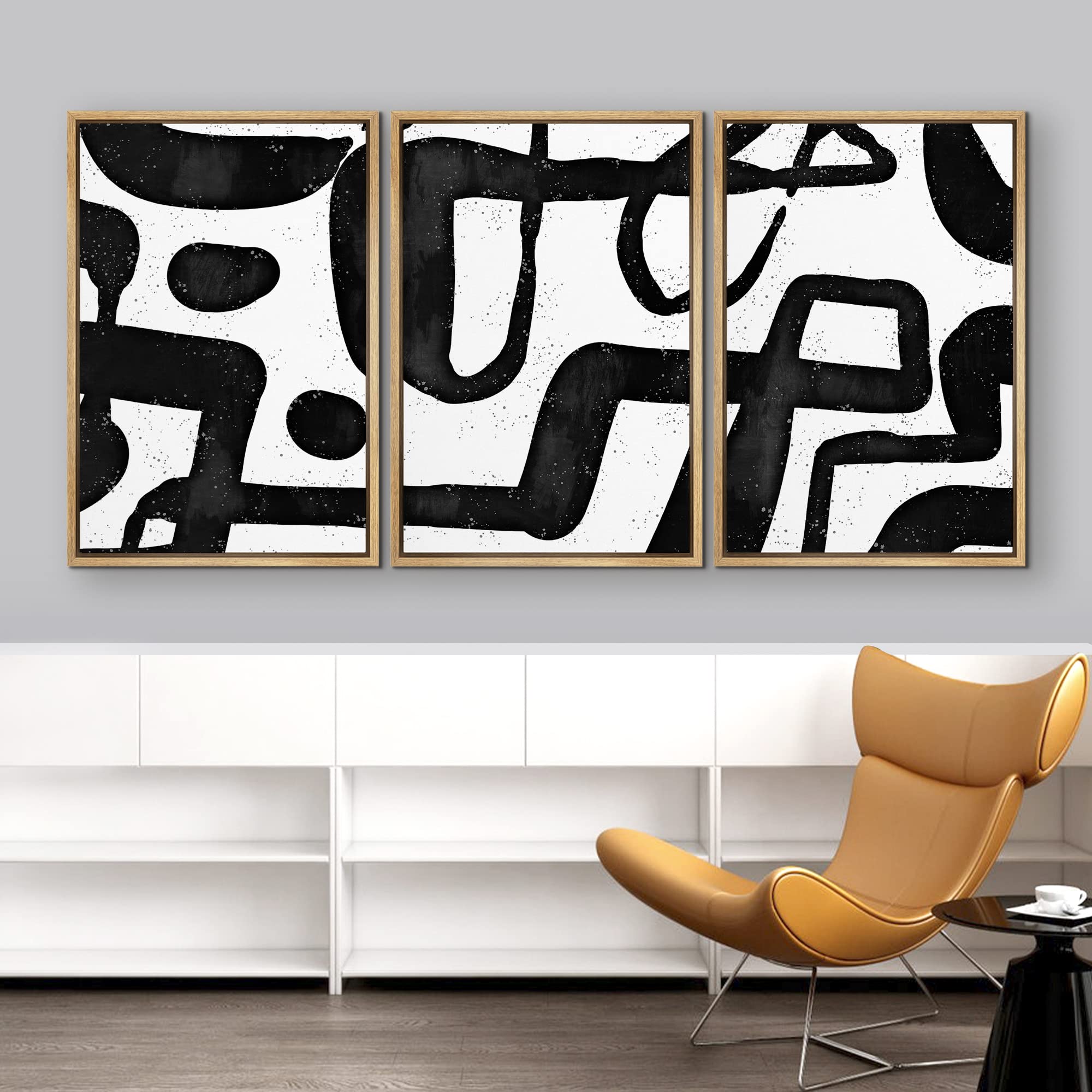 Idea4Wall Framed Wall Art Print Set Black & White Paint Stroke Pattern Abstract Shapes Illustrations Modern Art Mid-Century Mode