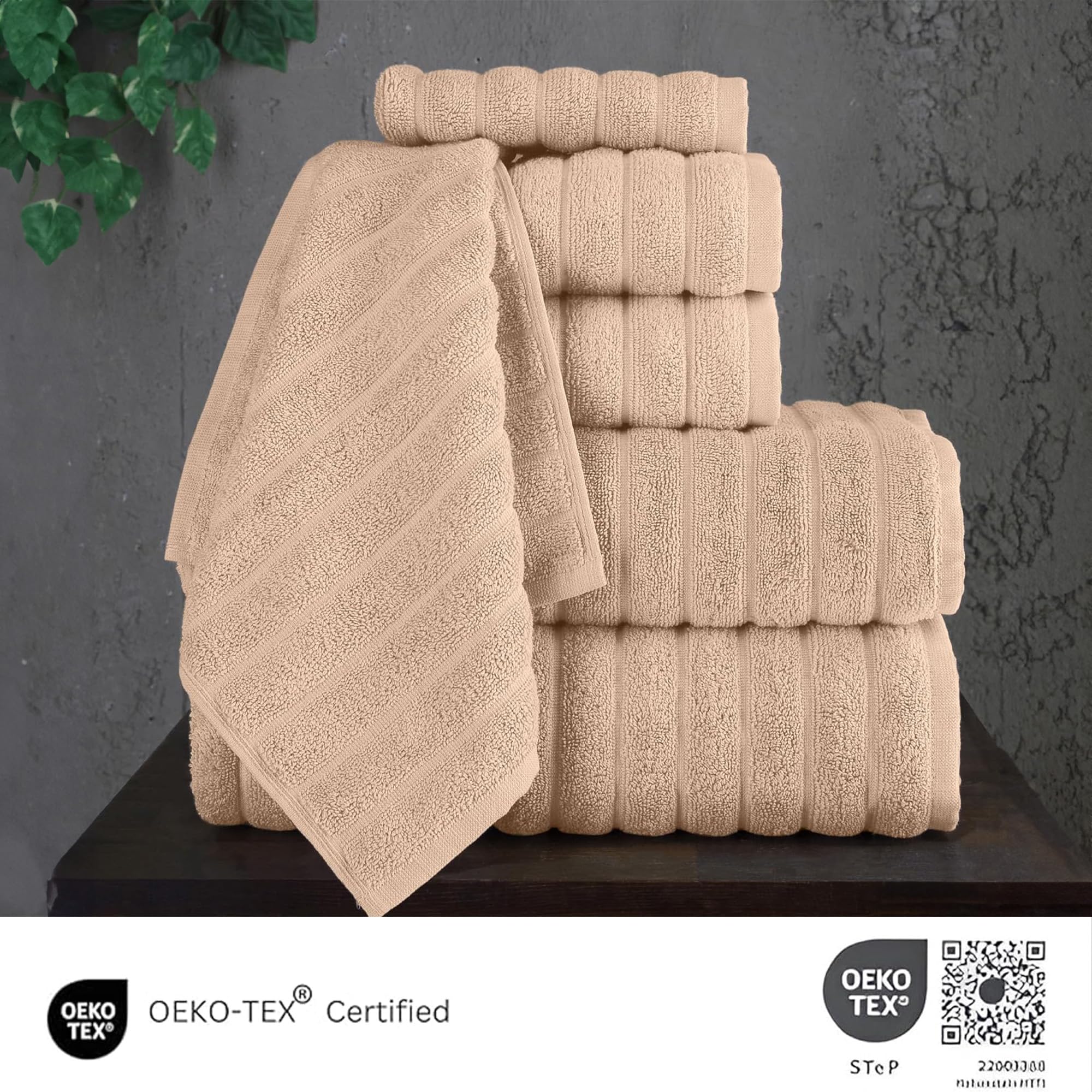 Classic Turkish Towels Luxury 6 Piece Towel Set - 2 Bath Towels  2 Hand Towels  2 Washcloths  Jacquard Ribbed  Absorbent  100% Turkish Cotton (Almond Beige)