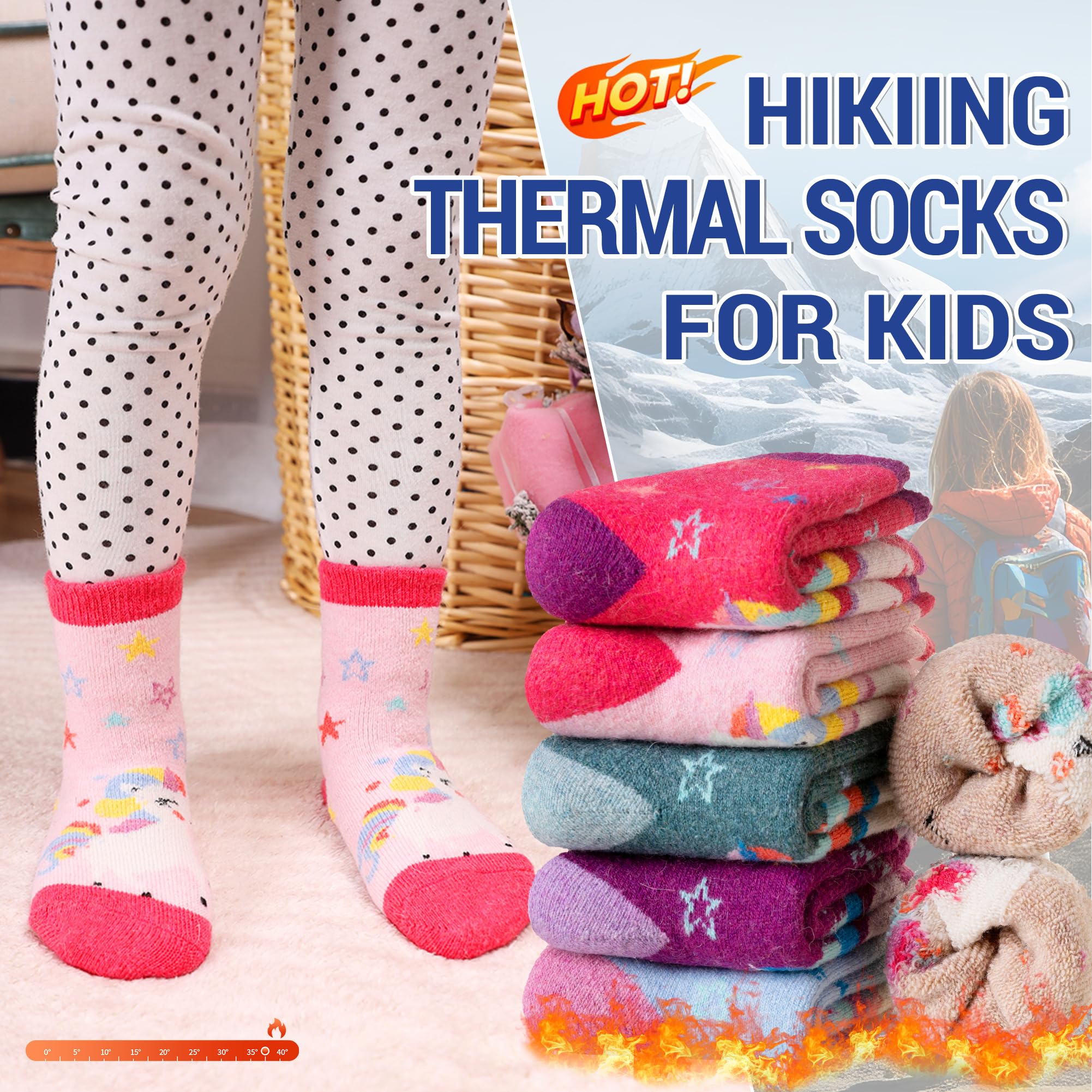 Eocom Kids Wool Socks Winter Warm Wool Hiking Thermal Thick Boot Cozy Crew Socks For Toddlers Boys Girls 6 Pairs(Cute Unicorn, 4
