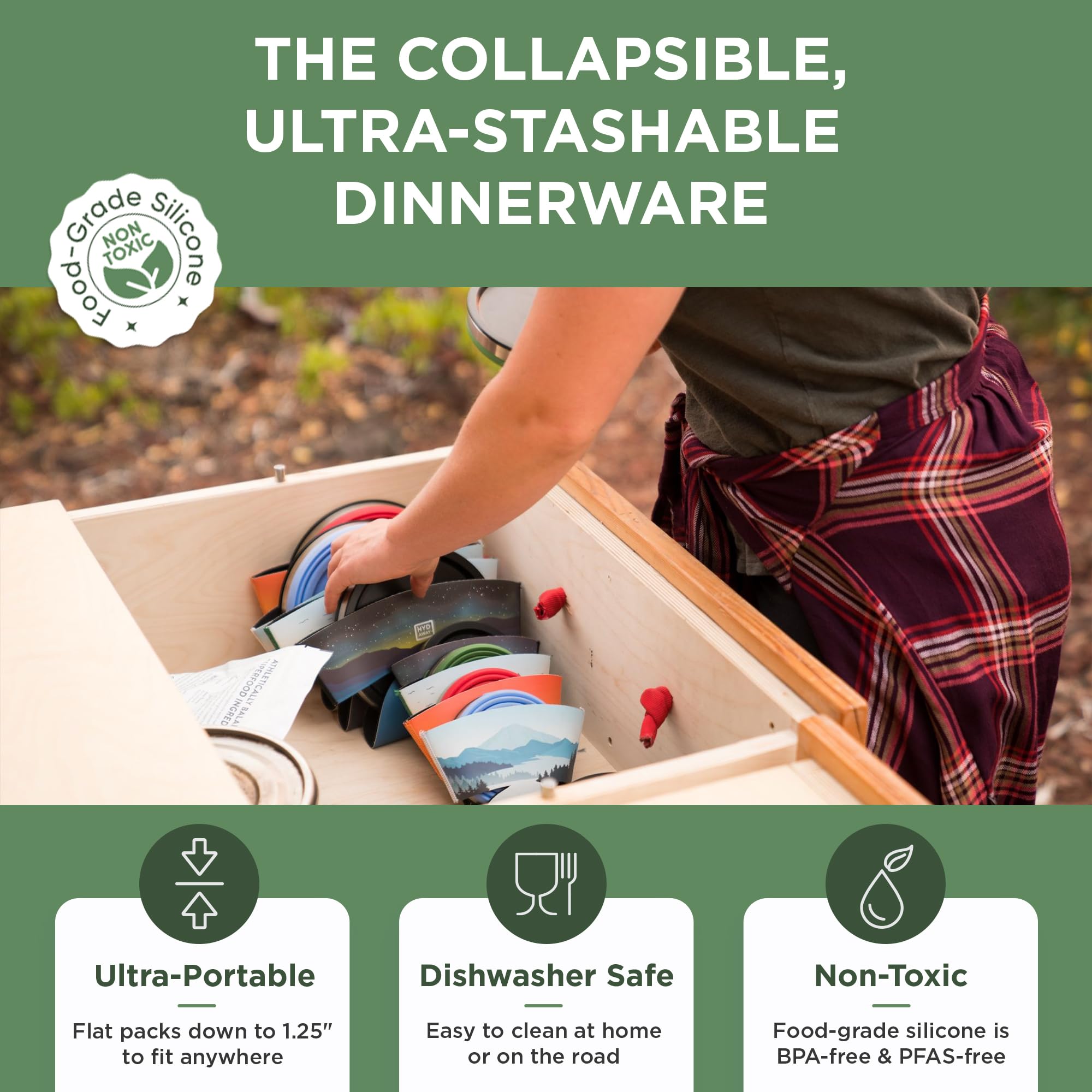 HYDAWAY Collapsible Insulated Bowl - 1 Quart Silicone, Spill-Proof, Metolius Color, Model HIB32MET, Ideal for Camping & Travel