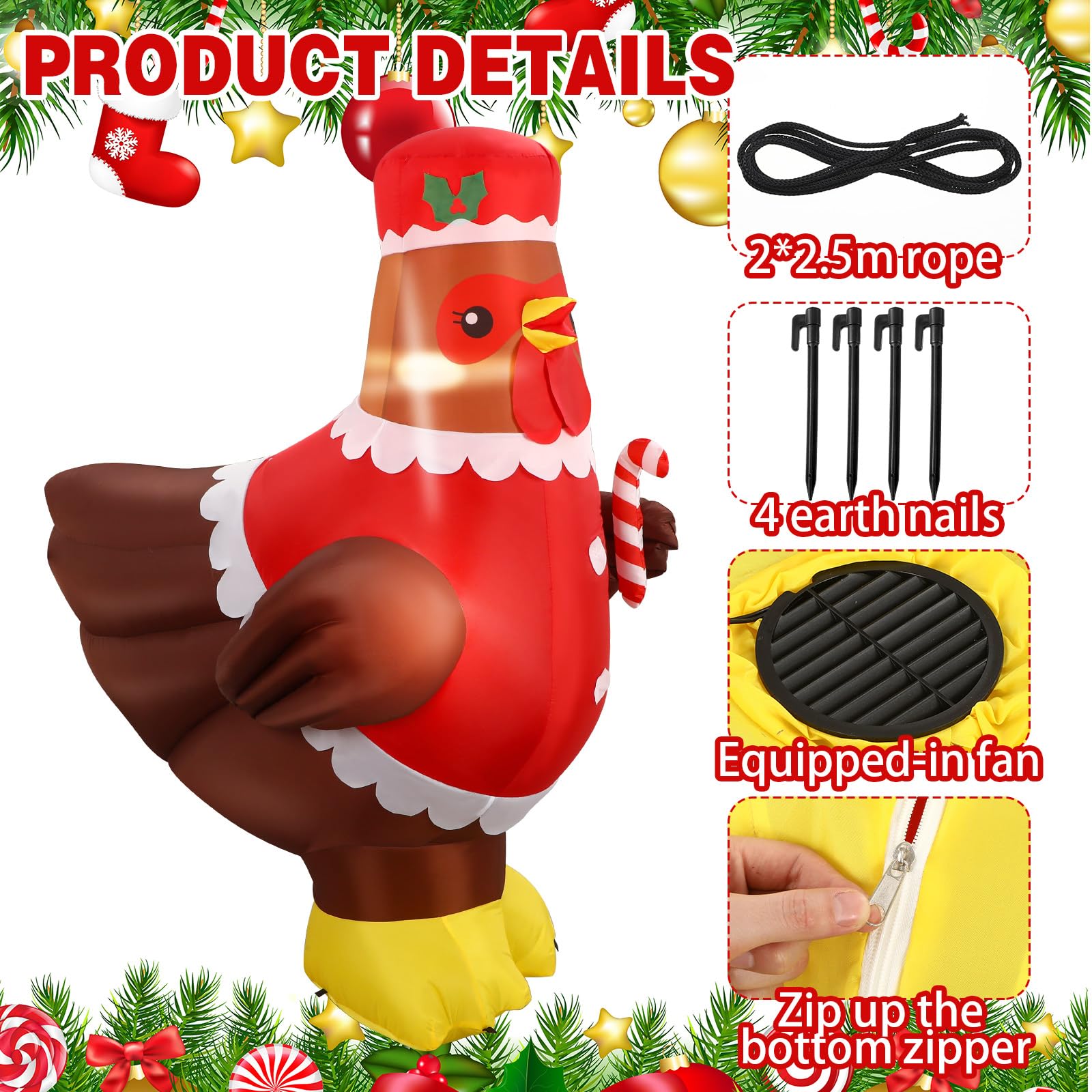 Ceenna 5 ft Lighted Inflatable Chicken with Colorful LED - Holiday Yard Decor, Red, Model NEV-Ceenna-2607
