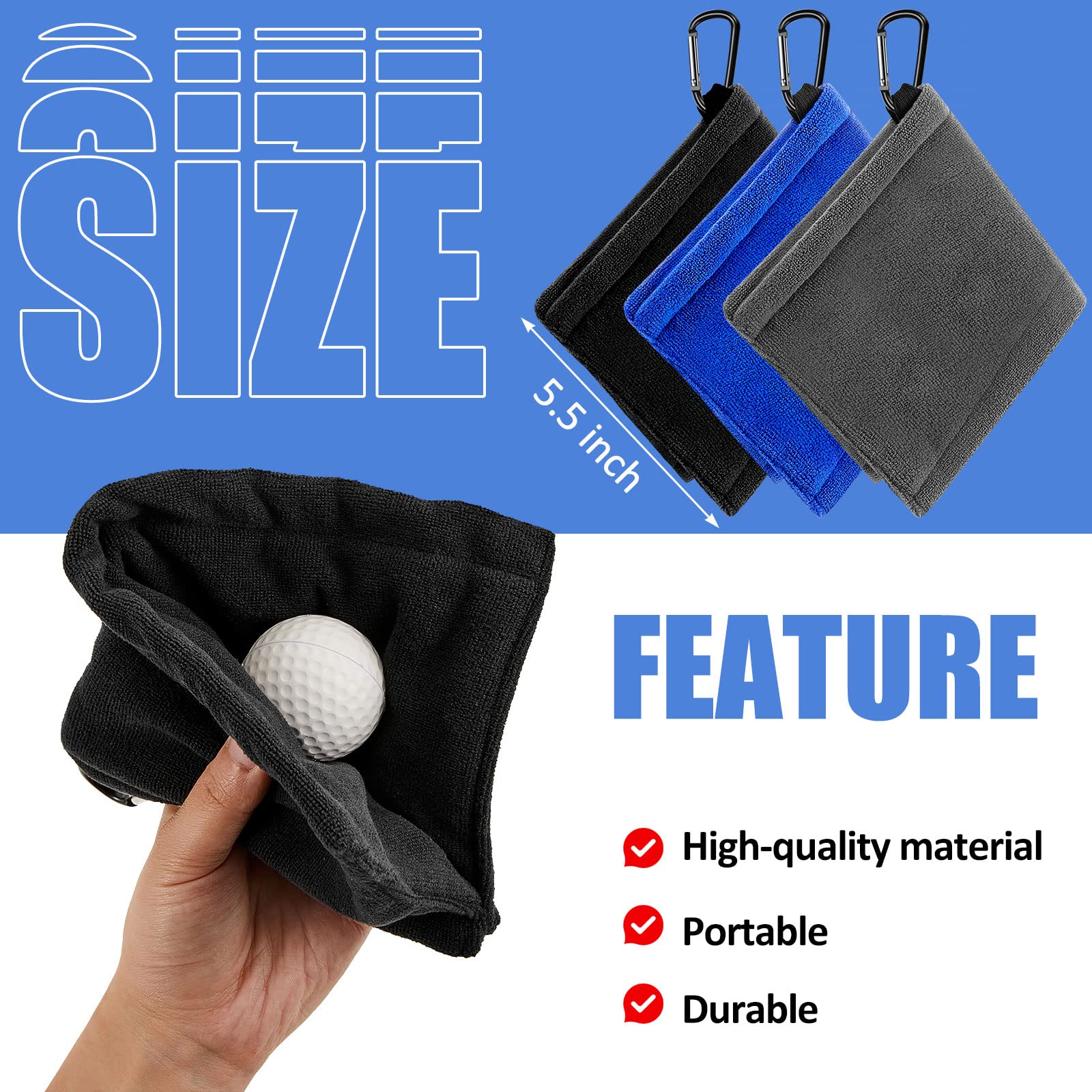 Flutesan Golf Ball Towel 5.5 X 5.5 Inch, Small Golf Pocket Towel With Clip Portable Golf Cleaner Accessories For Men Women(Black