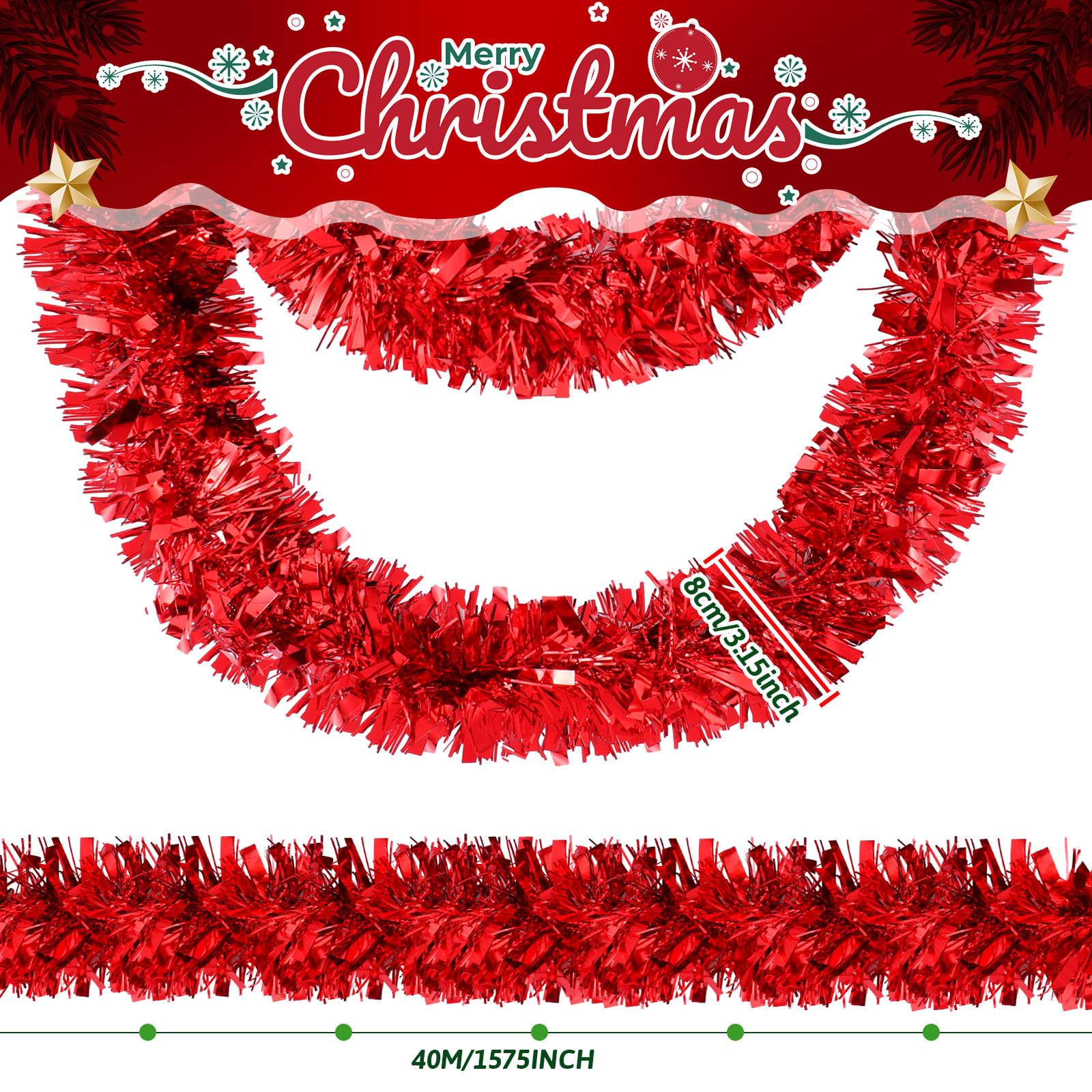 Riceshoot 131.23 ft Christmas Tinsel Garland Red Metallic Garland Decoration Hanging Twist Glittering Christmas Garlands for Xma