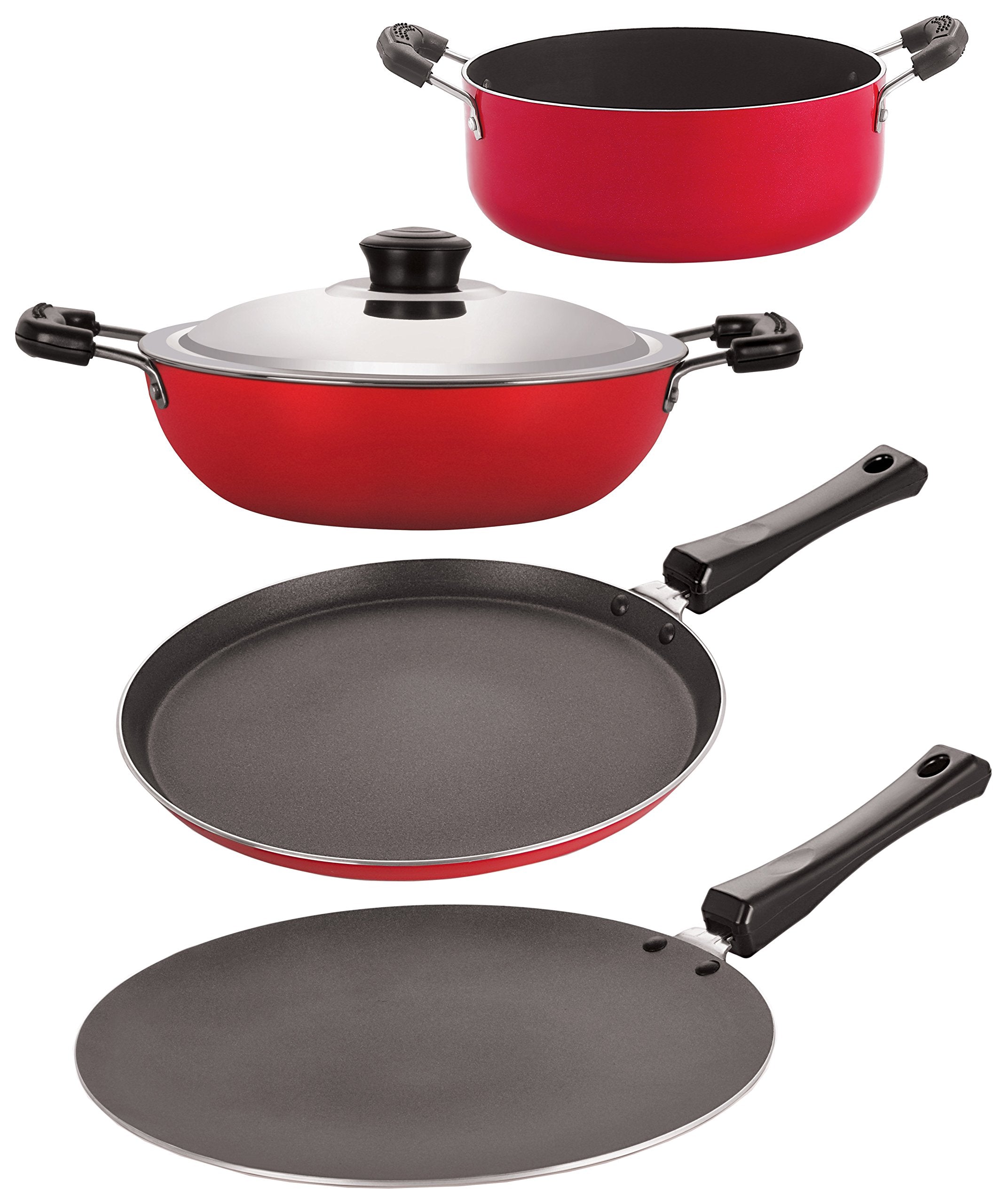 Nirlon NonStick Aluminum Cookware Set, 4Piece, Red And Black (26_Ct_Dkdm_Ft10_Cass20)