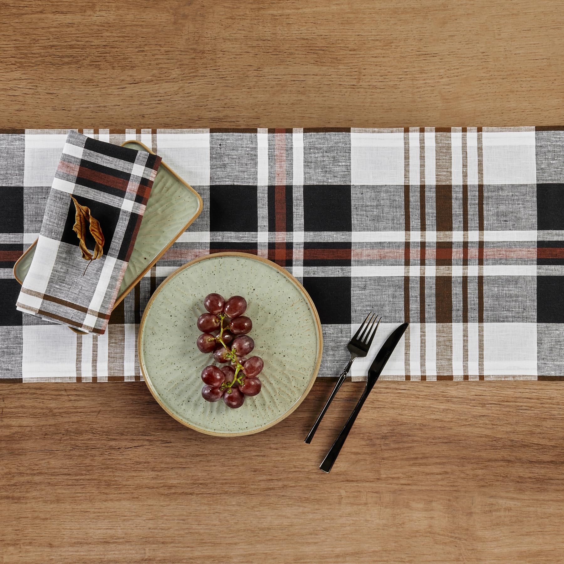 Solino Home Linen Table Runner 48 Inch - 100% Pure Linen Black Oxford Plaid Table Runner 14 X 48 Inch - Handcrafted And Machine