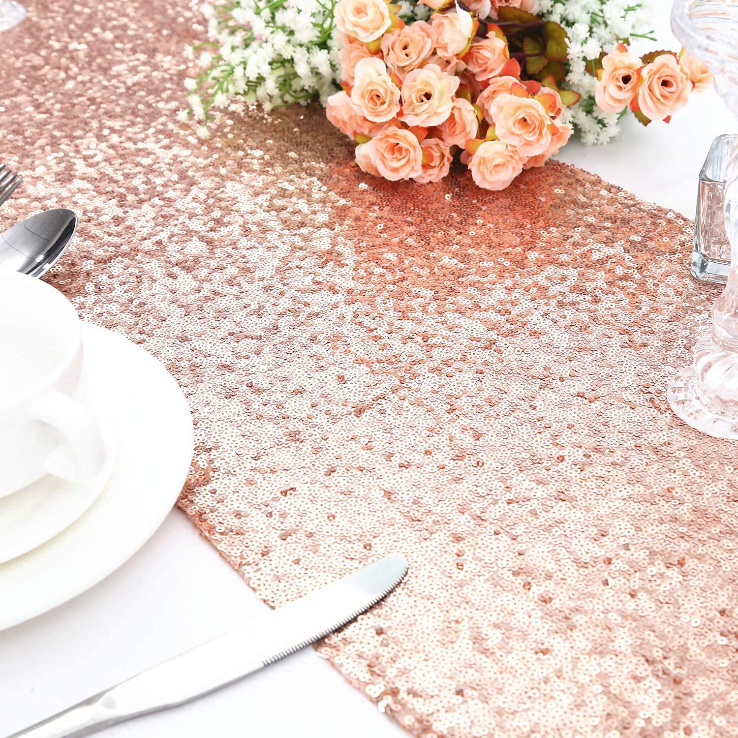 Partydelight 12 Pack 12'' X 72'' Rose Gold Sequin Table Runner For Wedding, Party, Bridal Baby Shower, Christmas.