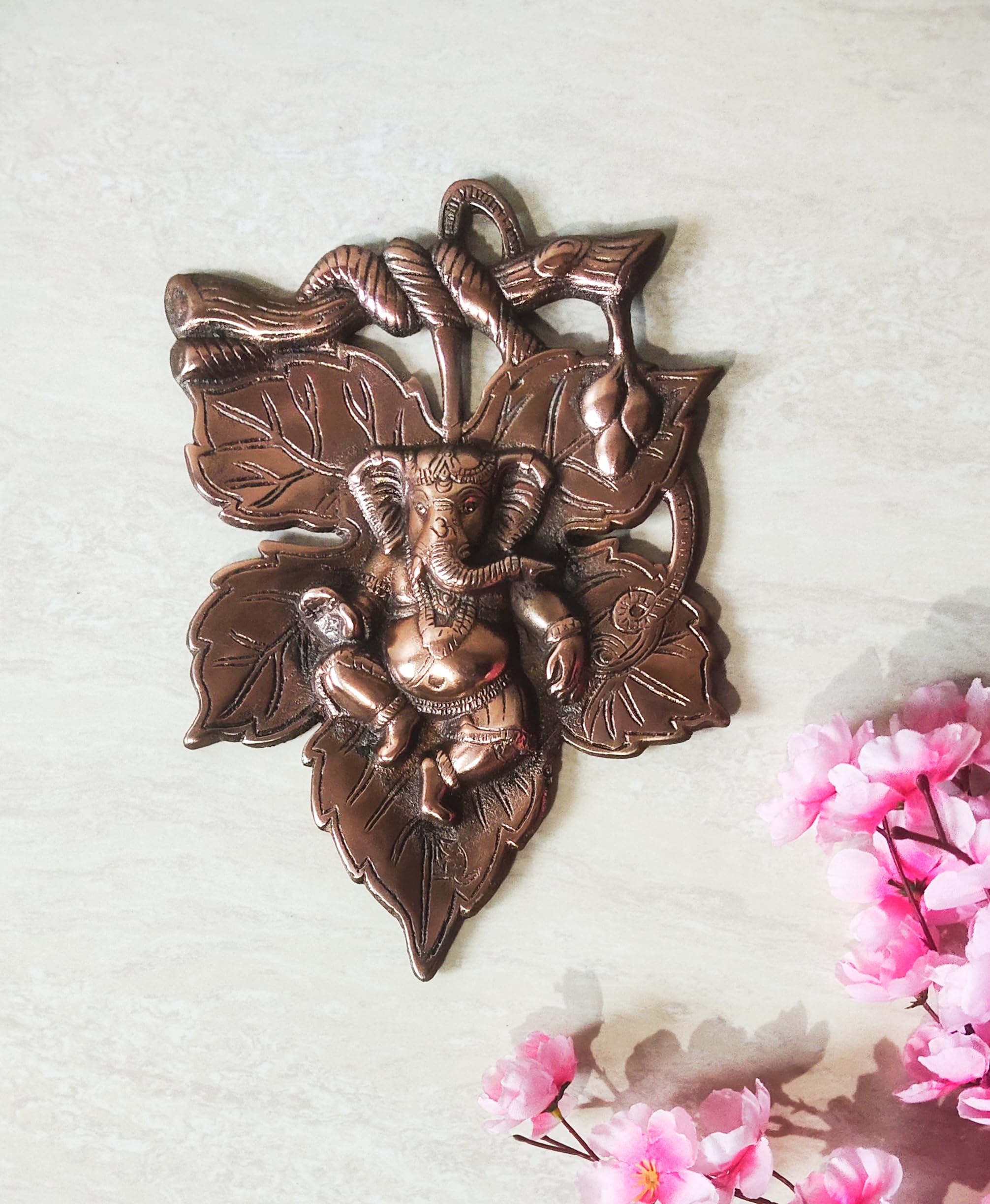 Blissful Decor Presents God Ganesha On Leaf Metal Wall Hanging Sculpture | Lord Ganesh Idol Home Decor Ganpati Lucky Feng Shui W