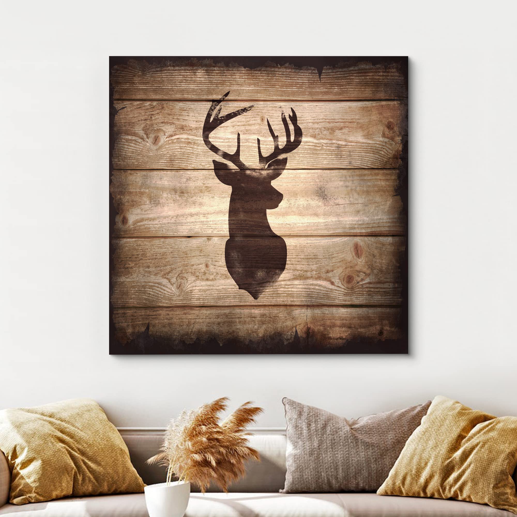 Wall26 - Square Canvas Wall Art - Deer With Antler Silhouette On Rustic Wood Board Texture Background - Giclee Print Gallery Wra