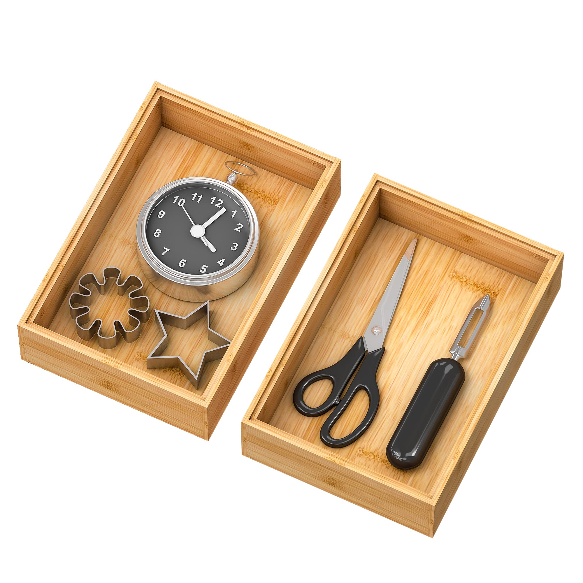 Bamboo Drawer Organizer Storage Box Kitchen - Wood Stackable Tray Set Of 2 (9X6X2 Inch)