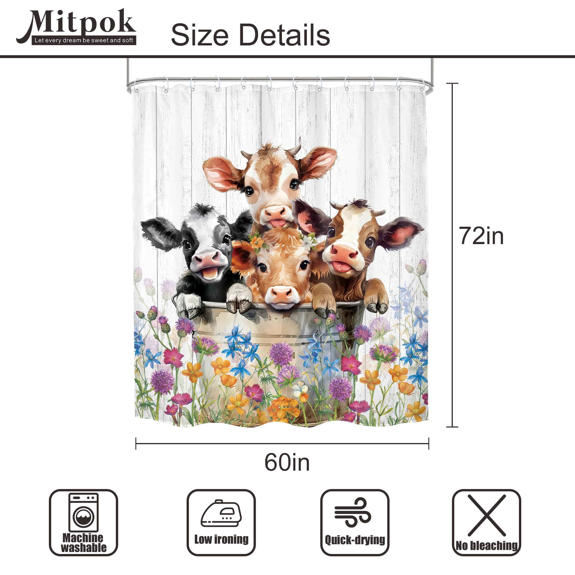 Mitpok Farm Highland Cow Shower Curtain 60Wx72H Funny Western Farmhouse Cute Cattle Bull Animal Rustic Floral Wildflower Plant B