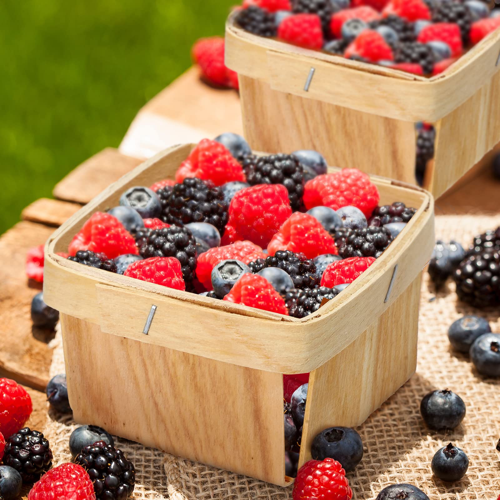 Hoolerry 25 Pieces 1/2 Pint Wooden Gift Baskets 3 x 3 x 2.2 Inch Square Vented Wood Boxes Mini Berry Basket Bulk for Fruit Picki