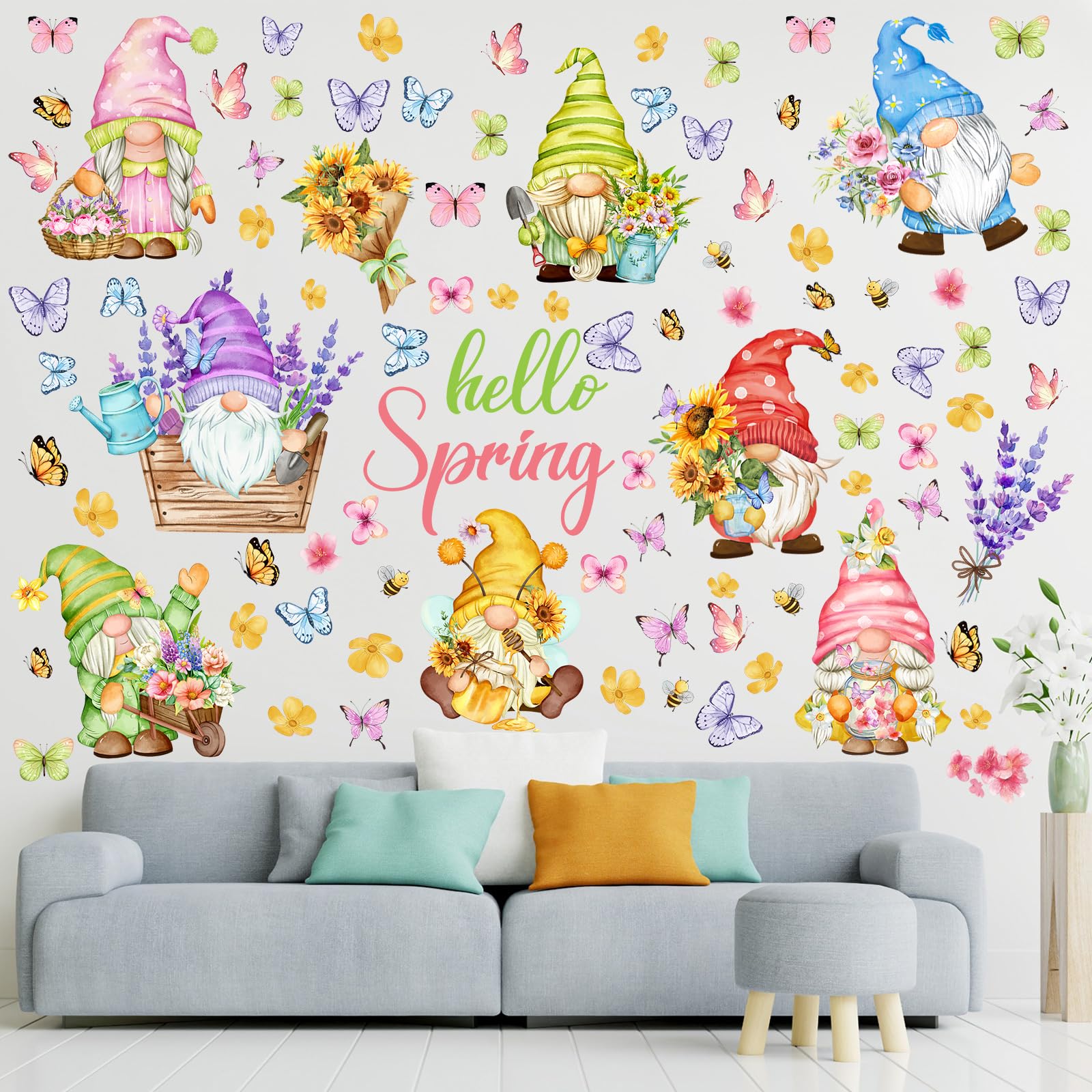 Chivertion 6 Sheets 84 Pcs Spring Flower Wall Decals Hello Spring Gnomes Butterfly Flowers Bees Wall Stickers Floral Spring Wind