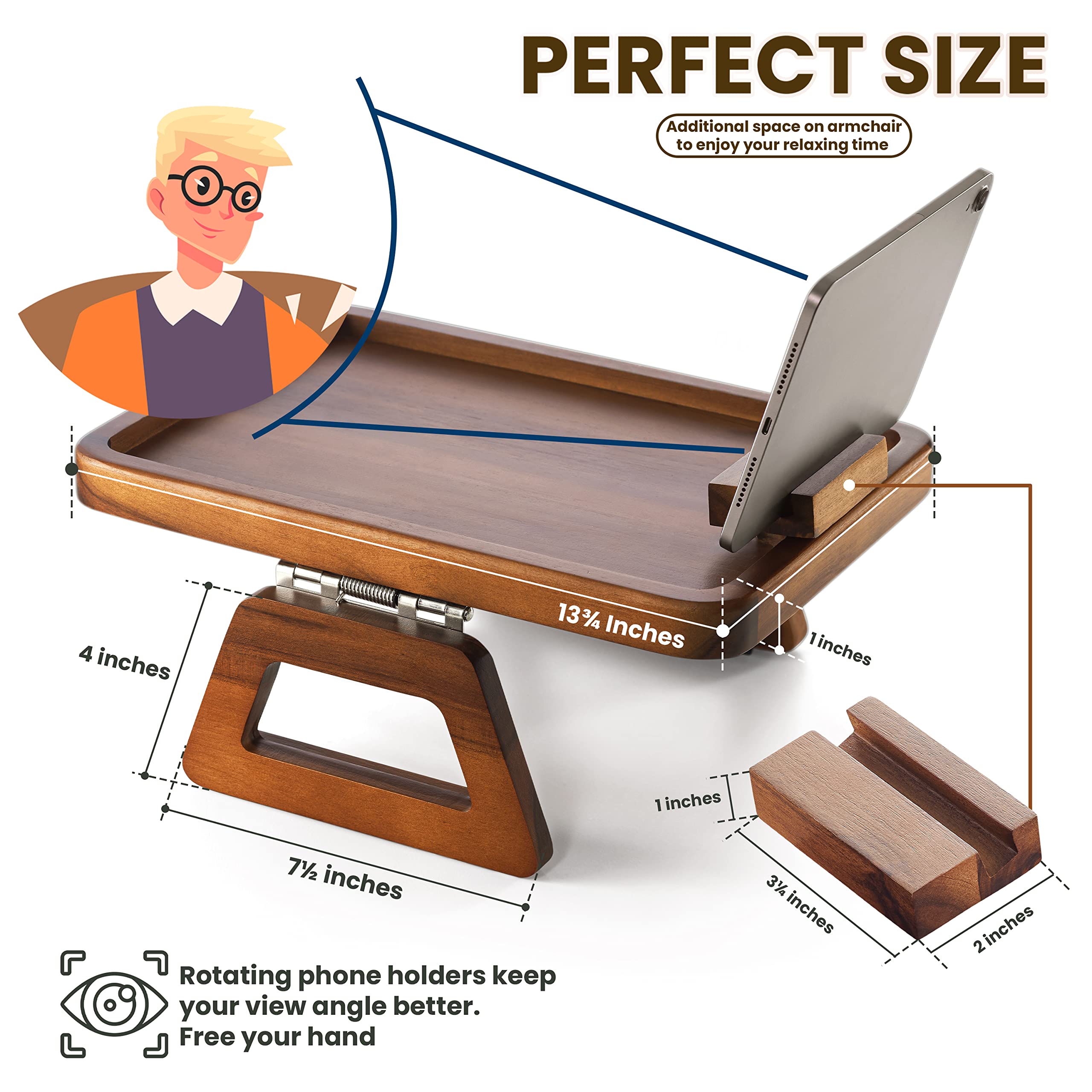 Tinamo Acacia Wood Sofa Armrest Tray -Sofa Arm Tray Table Clip - Couch Arm Table For Wide Couches - Wooden Side Tables 360Rotati