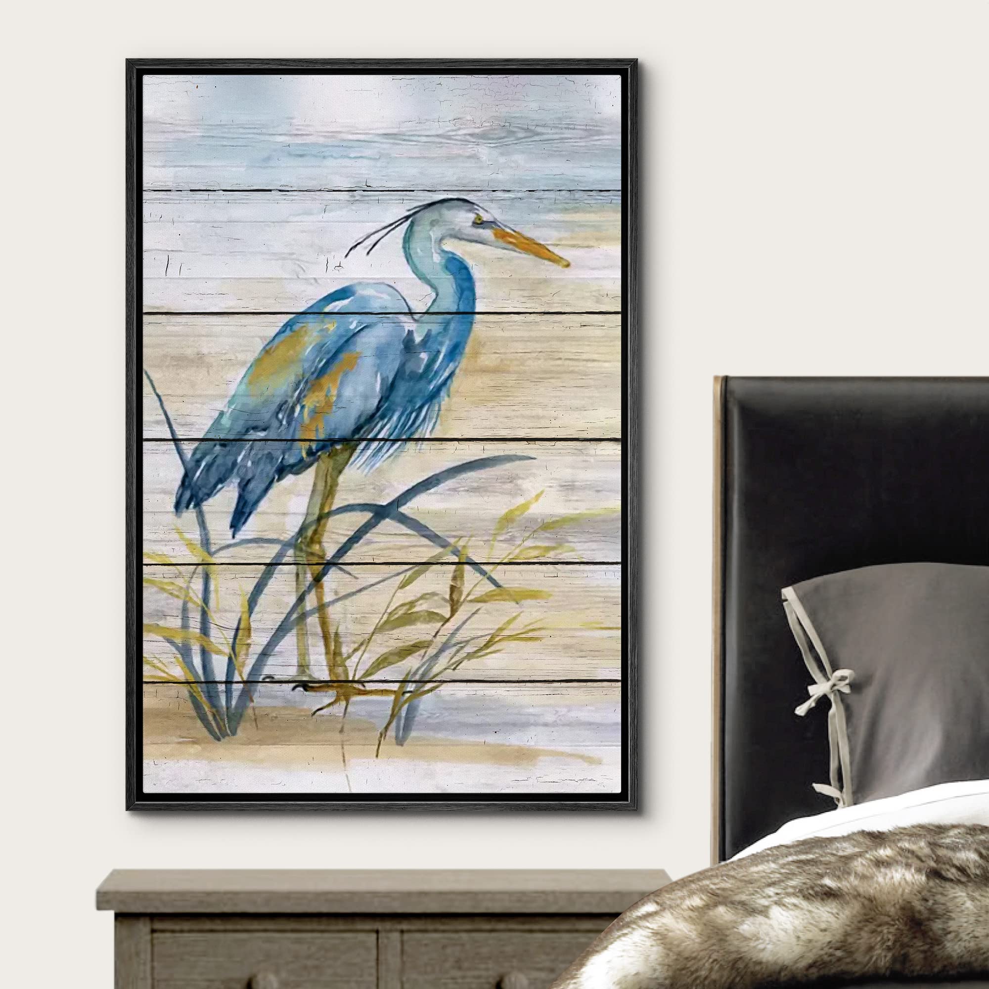 Wall26 Framed Canvas Print Wall Art Retro Wood Panel Blue Beach Crane Bird Nature Wilderness Illustrations Modern Art Decorative