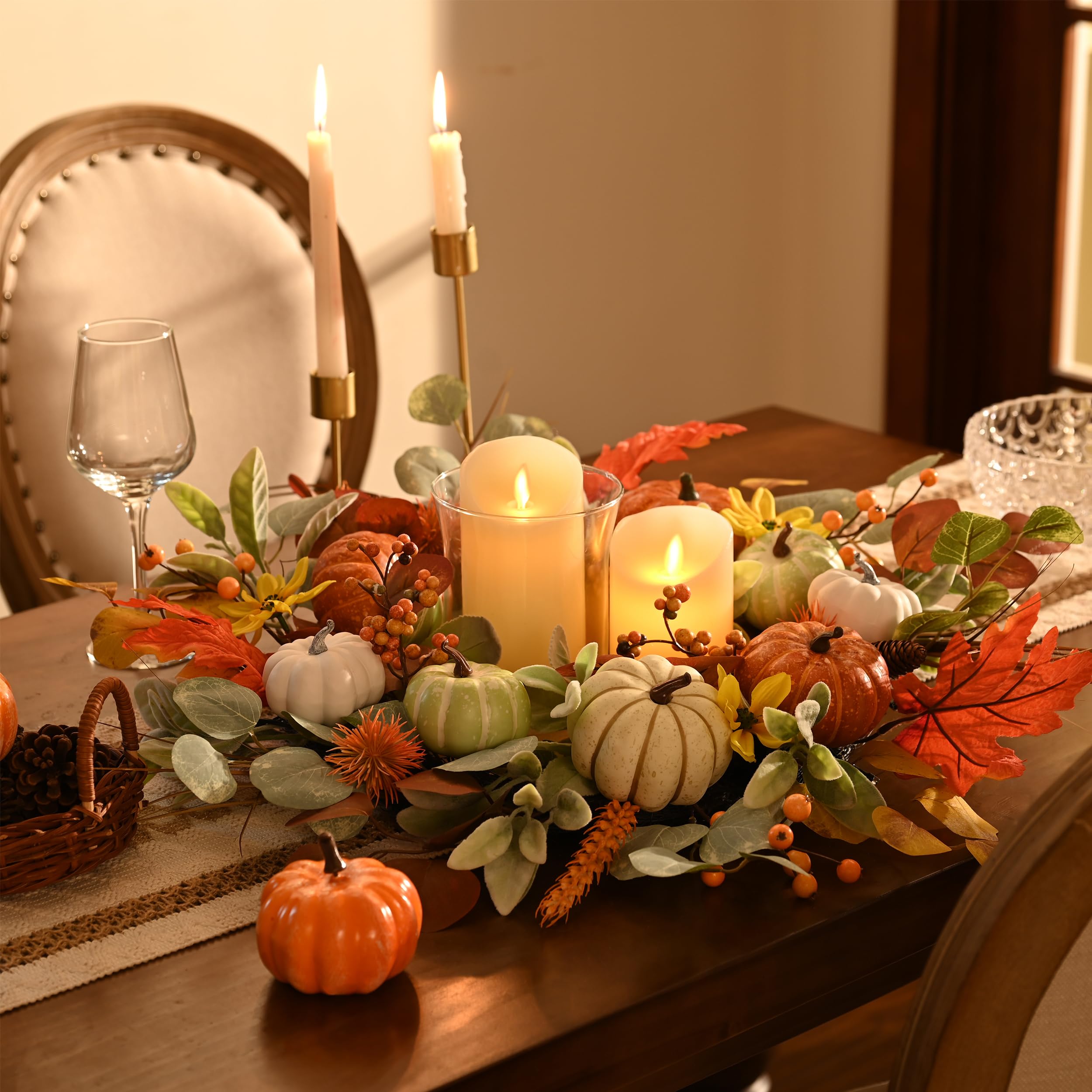 Valery Madelyn Collapsible Fall Wreath with Light for Front Door, 24 Halloween Door Wreath with White Pumpkin Silk Maple Leaves