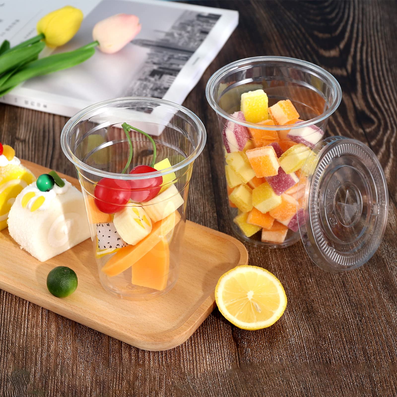 TashiBox 16 oz 100 Sets Clear Plastic Cups with Flat Lids  Clear Crystal drink cups with lids iced coffee cups with lids