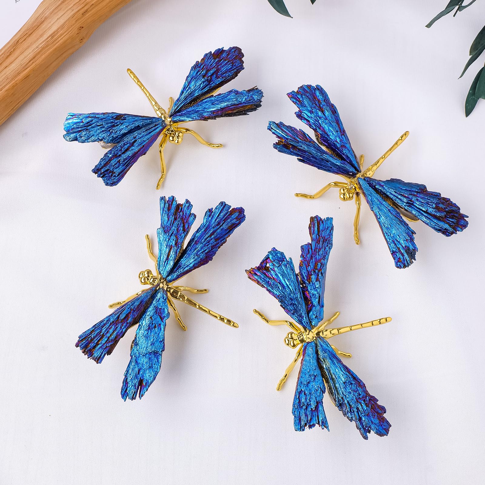 RJINGSHI Dragonfly Statue Natural Electroplated Blue Tourmaline Dragonfly Decor Collection Natural Home Decor Healing Crystals D