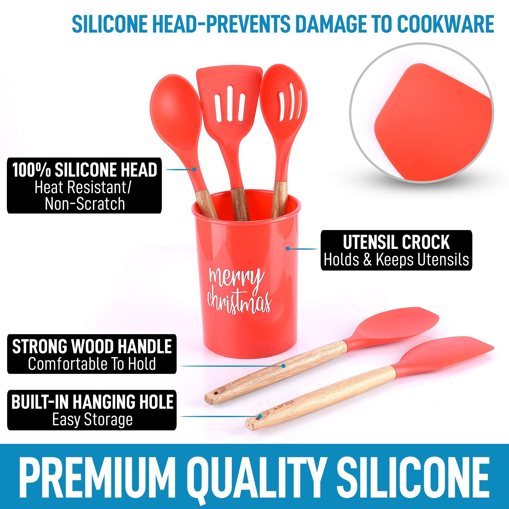 Zulay Kitchen Non-Stick Silicone Utensils Set (5-Piece) With Authentic Acacia Wood Handles & Utensil Holder - Silicone Cooking U